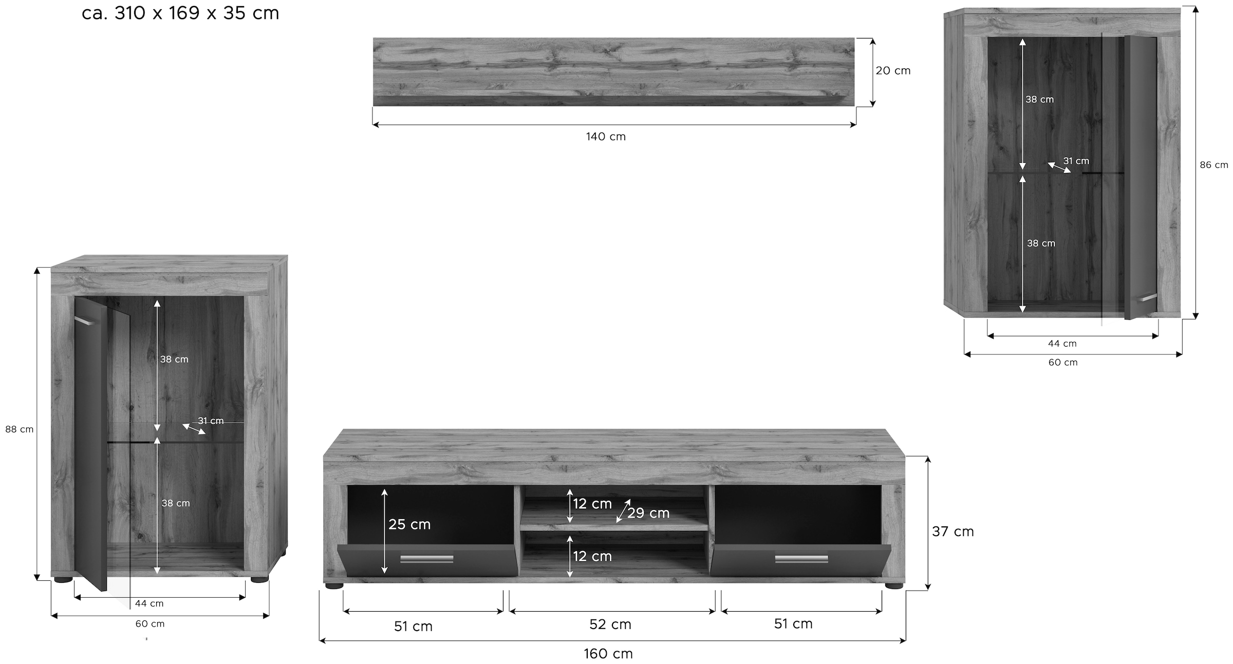 INOSIGN Wohnwand »Aosta, 4-tlg., bestehend aus: 2x Vitrine, Lowboard & Wandboard«, (4 St.), Wohnwand, Kombination, Anbauwand, Möbel Set, Schrankwand, Möbel Kombi