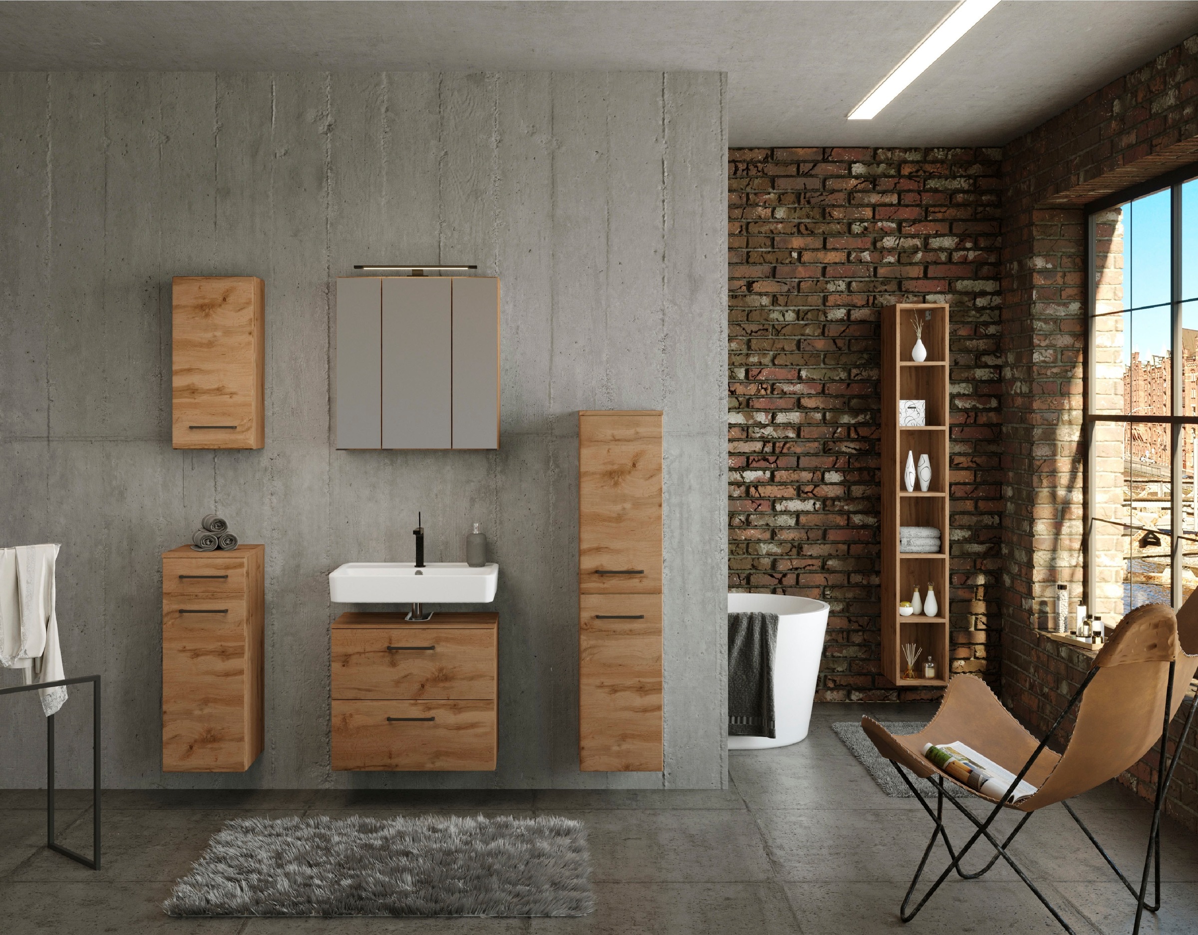welltime Badmöbel-Set »Chicago«, (5 St., Spiegelschrank, Unterbeckenschrank, Hängeschrank, Unterschrank etc.)