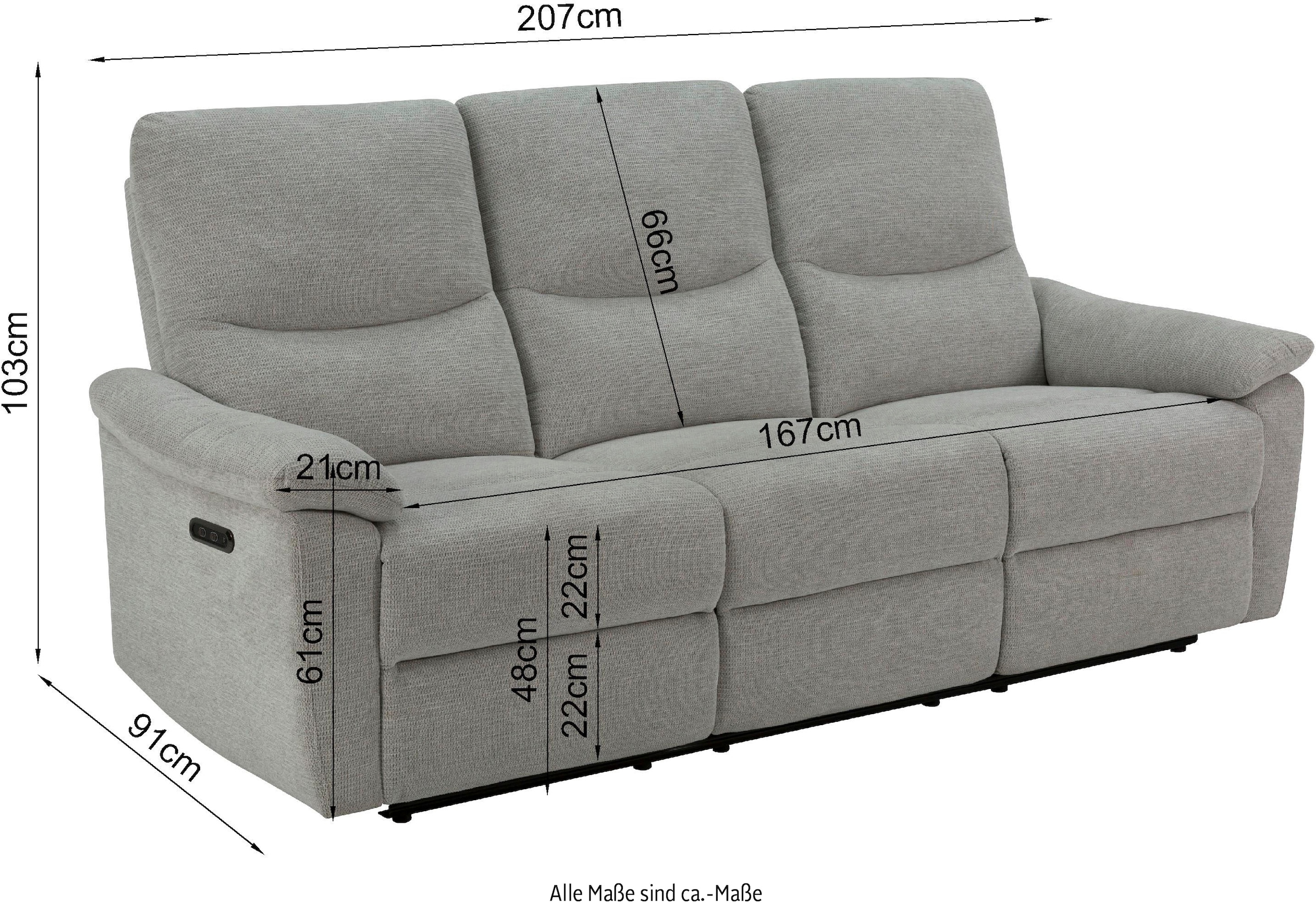 Home affaire 3-Sitzer »ODILON manuelle und elektrische Relaxfunktion in 2 Sitzen, Federkern,«, 105°-150° Relax- und Liegeposition, Federkernpolsterung