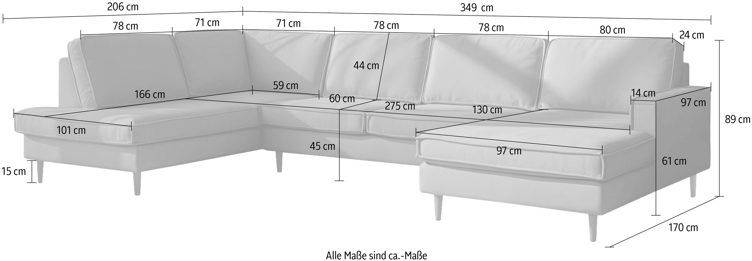 Home affaire Wohnlandschaft »Pinto Skandi, 350 cm, U-Form, XXL, mit Ottomanen« mit Keder, Massivholzfüße Eiche geräuchert, Wellenunterfederung