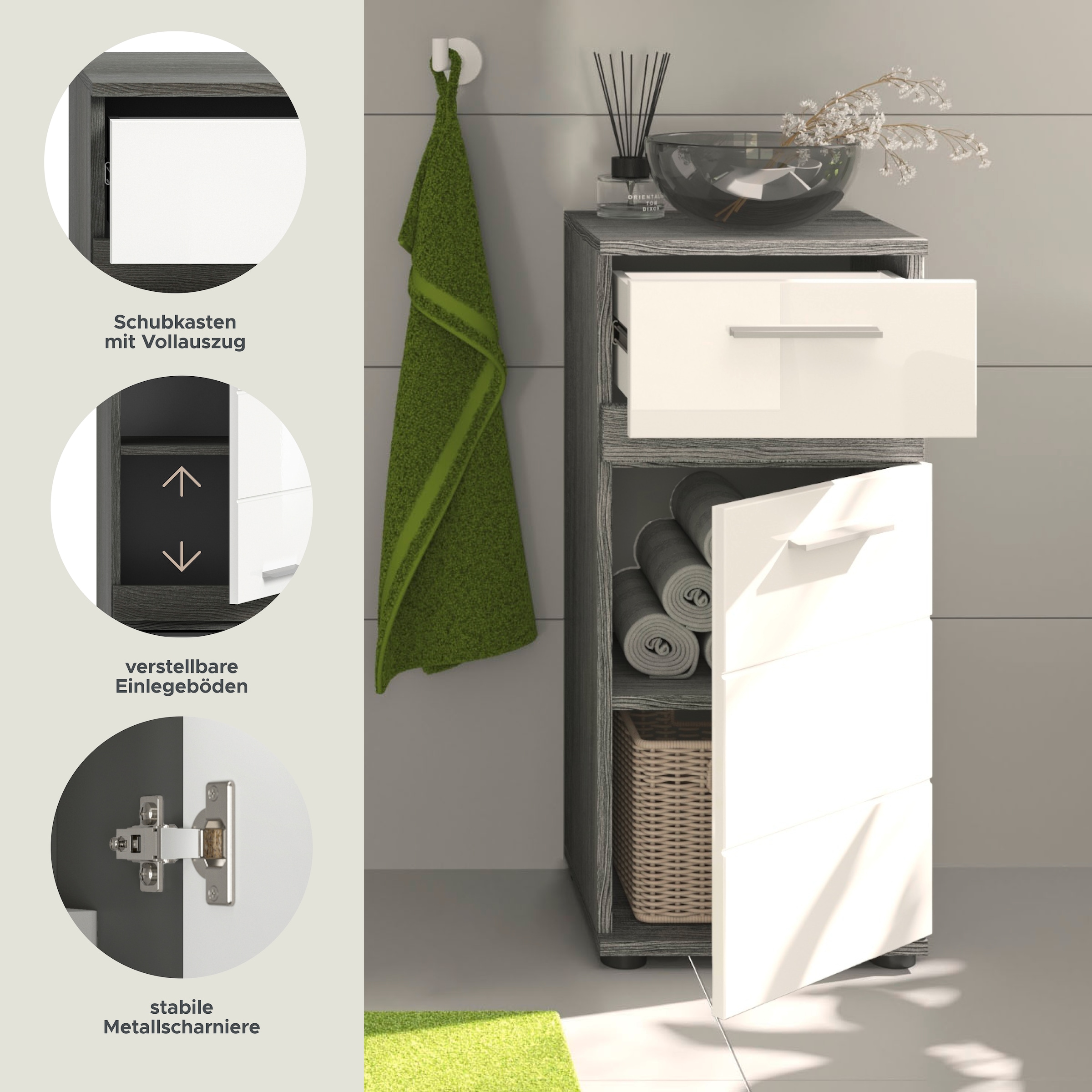 welltime Unterschrank »LUCCA, TOPSELLER!, Breite 35cm, 1 Tür (TA wechselbar), 1 Schubkasten«, MDF Front, Badmöbel, Badschrank, Schrank, Bad, Badezimmer