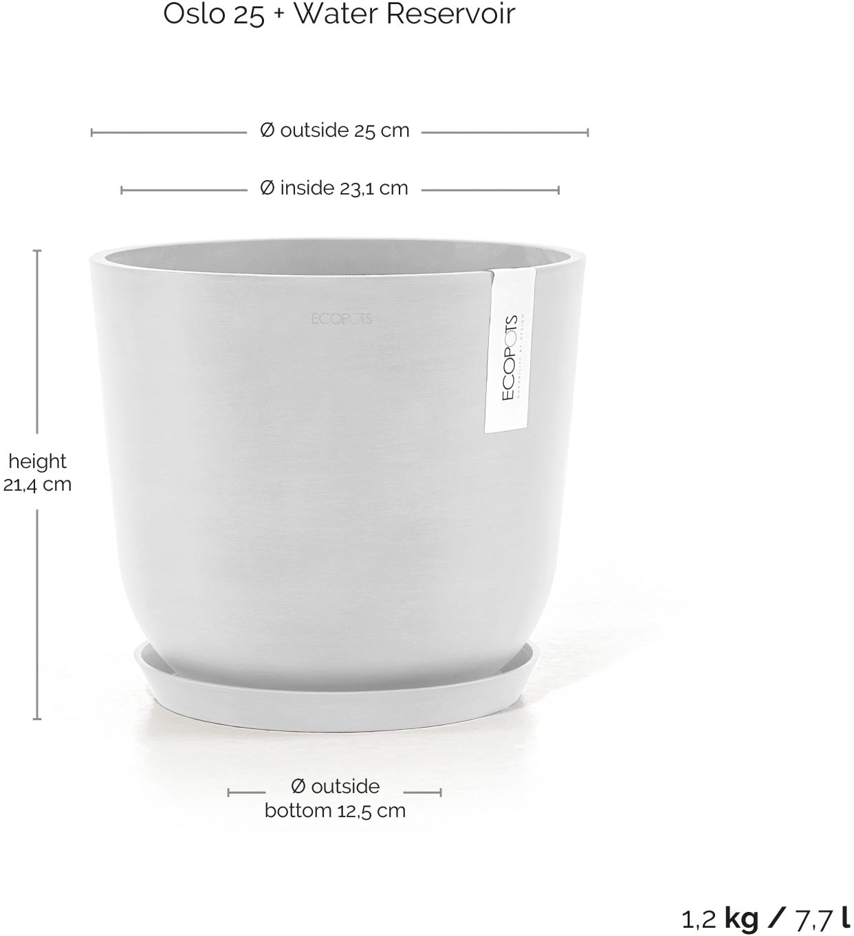 ECOPOTS Blumentopf »Oslo 25 + Wassersystem Weiß« für innen und außen: frostsicher, bruchsicher und lichtbeständig