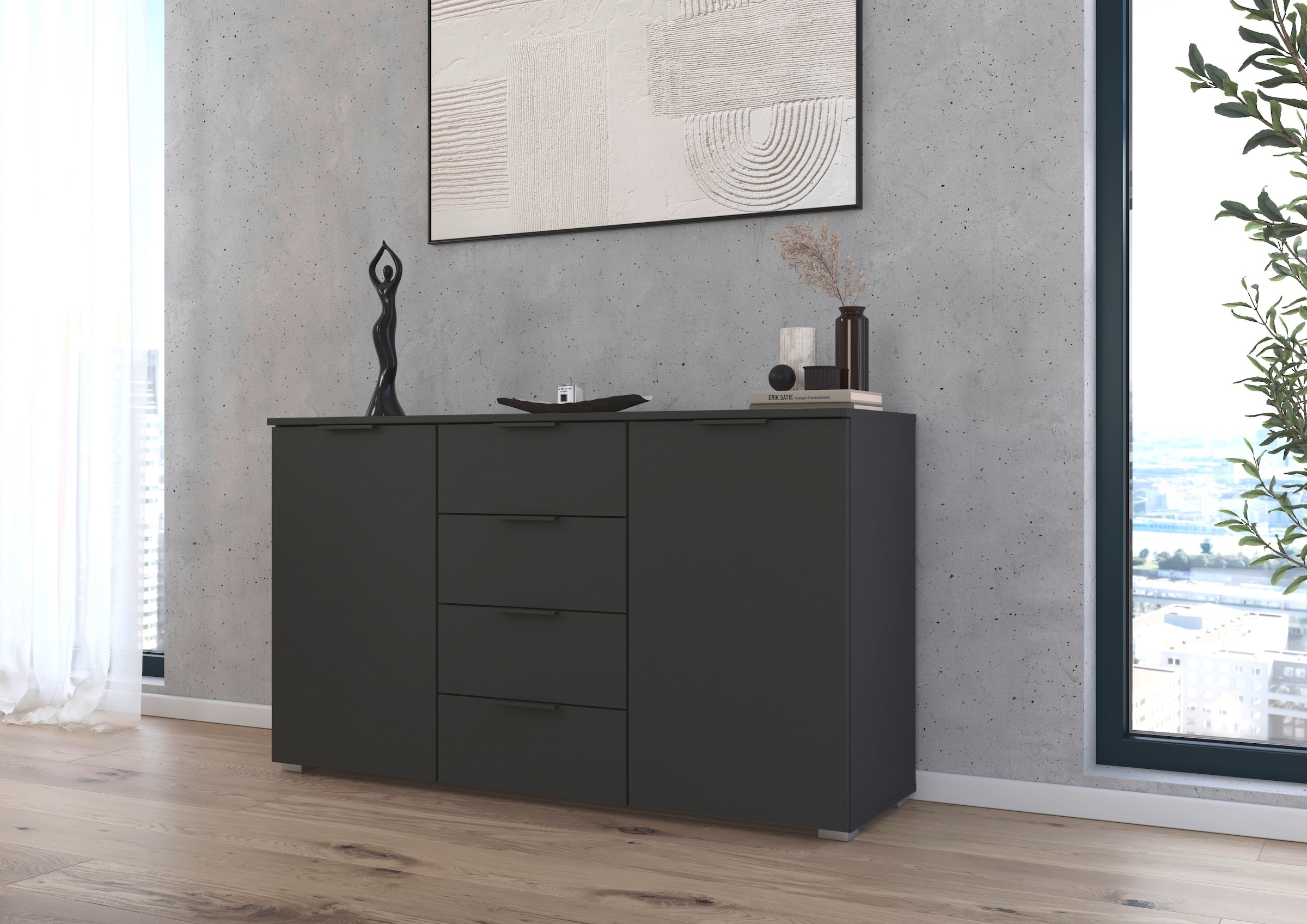 rauch Kombikommode »Sideboard Schubladenkommode AGORDO mit Dekor- oder Hochglanzfront«, (in zwei Griff-Farben, Breite 120 cm), vier große Schubladen, mit insgesamt 4 Einlegeböden MADE IN GERMANY