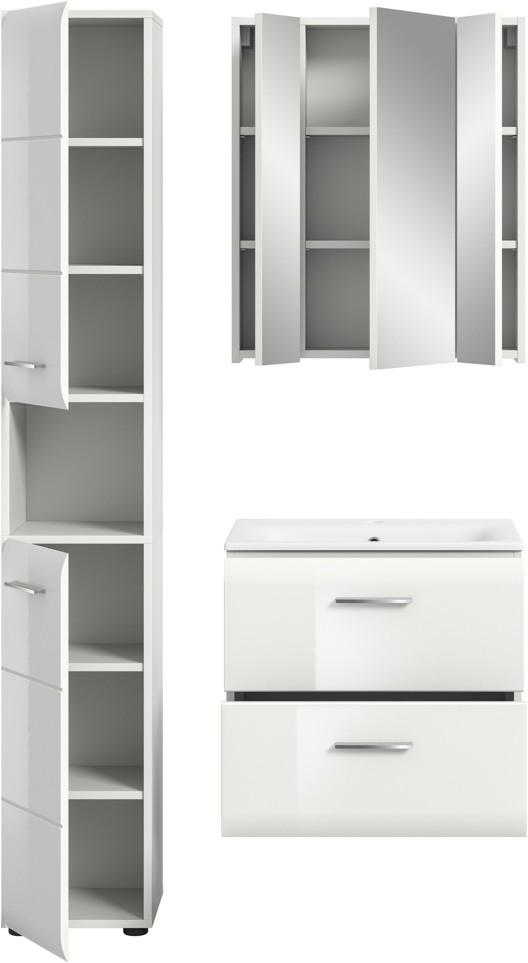 INOSIGN Badezimmer-Set, (Set, 4 St.), Florenz, Badkombination 4-tlg., Weiß hochglanz, inkl. Waschbecken