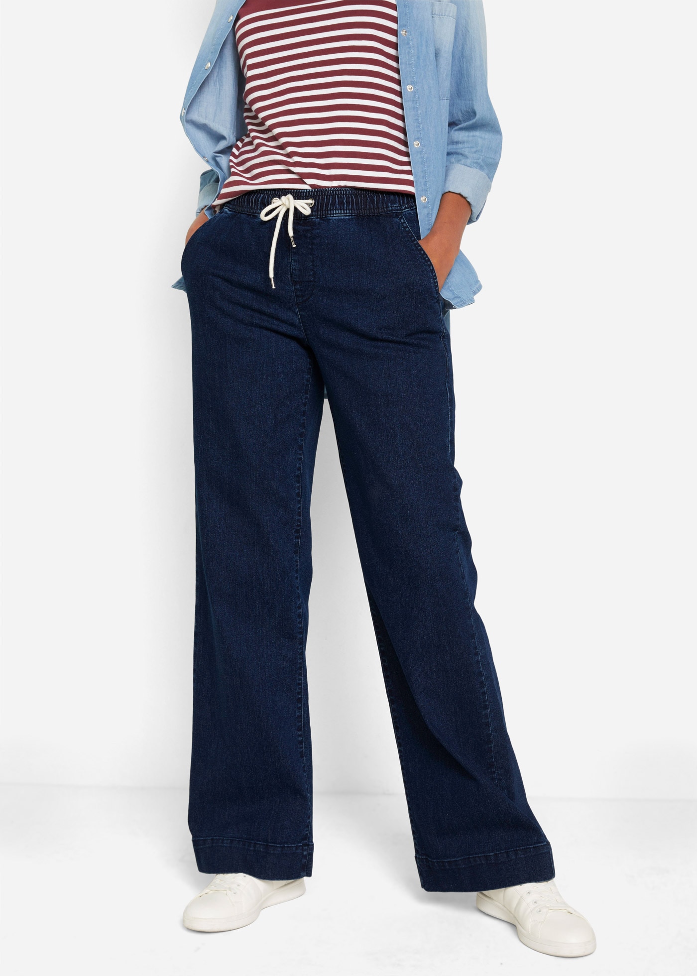 bonprix "Wide Leg Jeans Mid Waist, Stretch" Loose Fit Passform, mit elastischem Bund und Tunnelzug