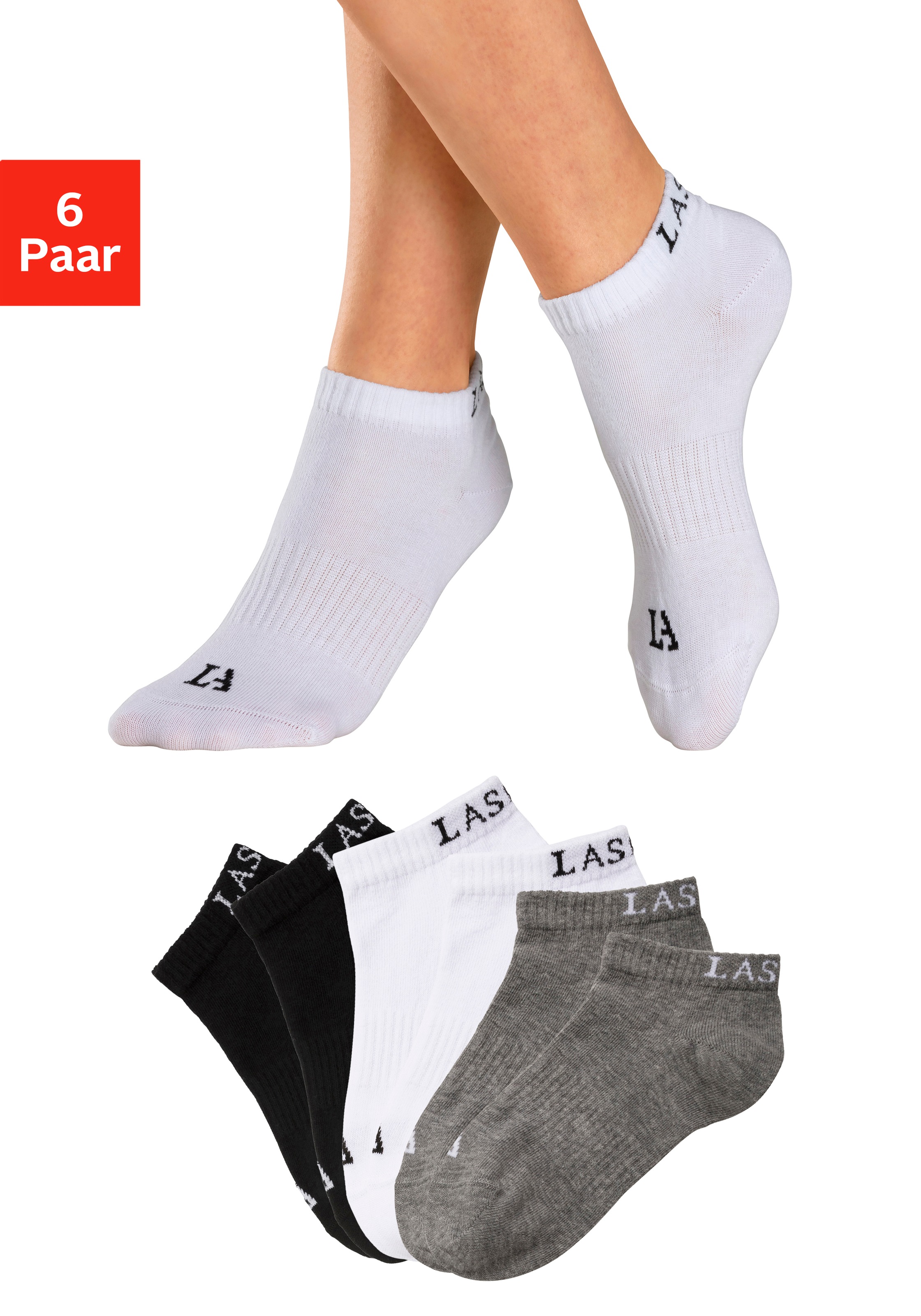LASCANA ACTIVE Sneakersocken "Damen Sportsocken, Kurzsocken ohne Frottee Laufsocken" Packung, 6 Stk. tlg. mit eingestricktem Marken Logo