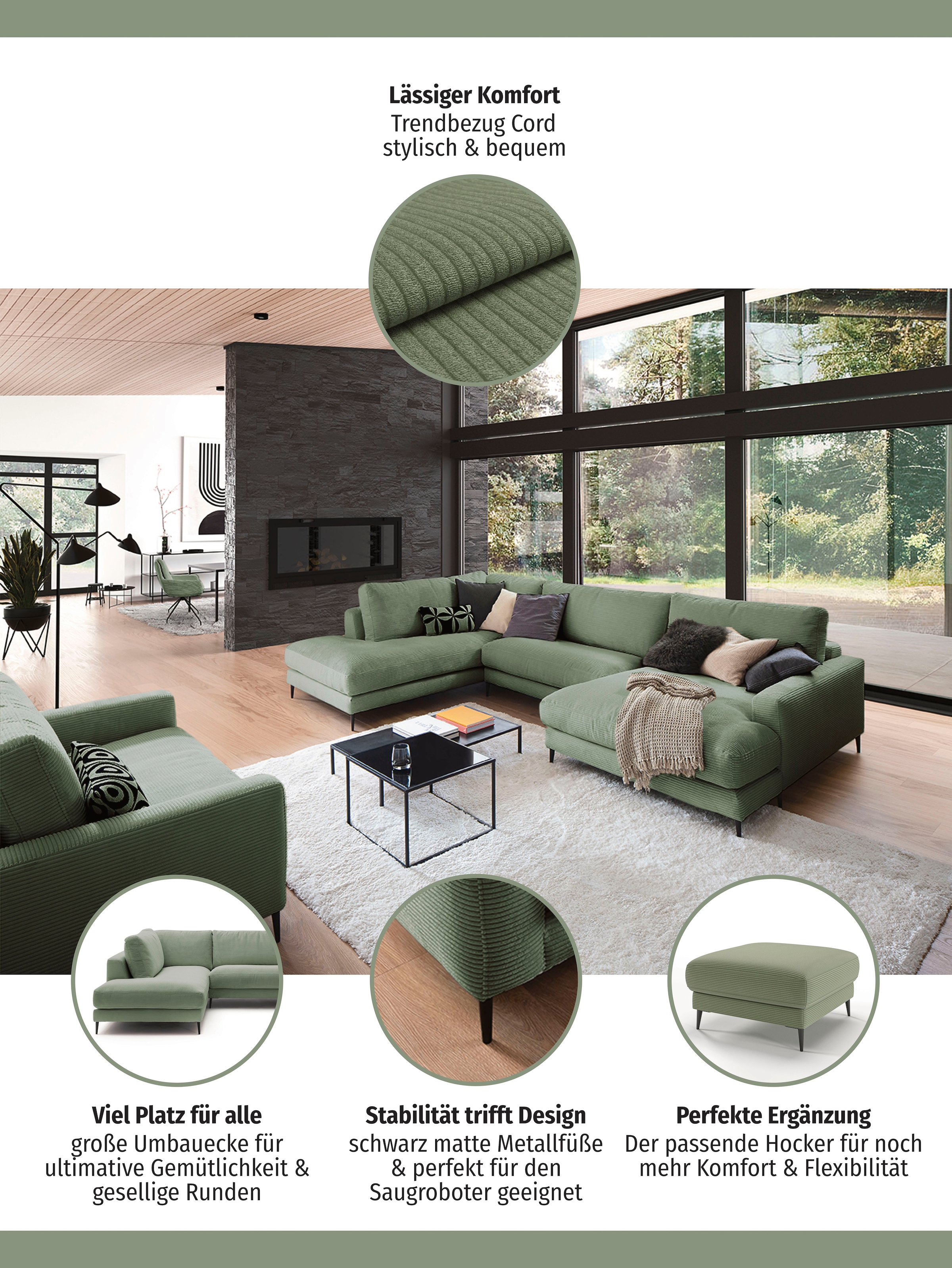 INOSIGN Wohnlandschaft »Downtown XXL B/T/H: 341/223/84 cm Loungemöbel zum Relaxen«, weicher Sitzkomfort, Cord-Bezug, weicher Sitzkomfort U-Form