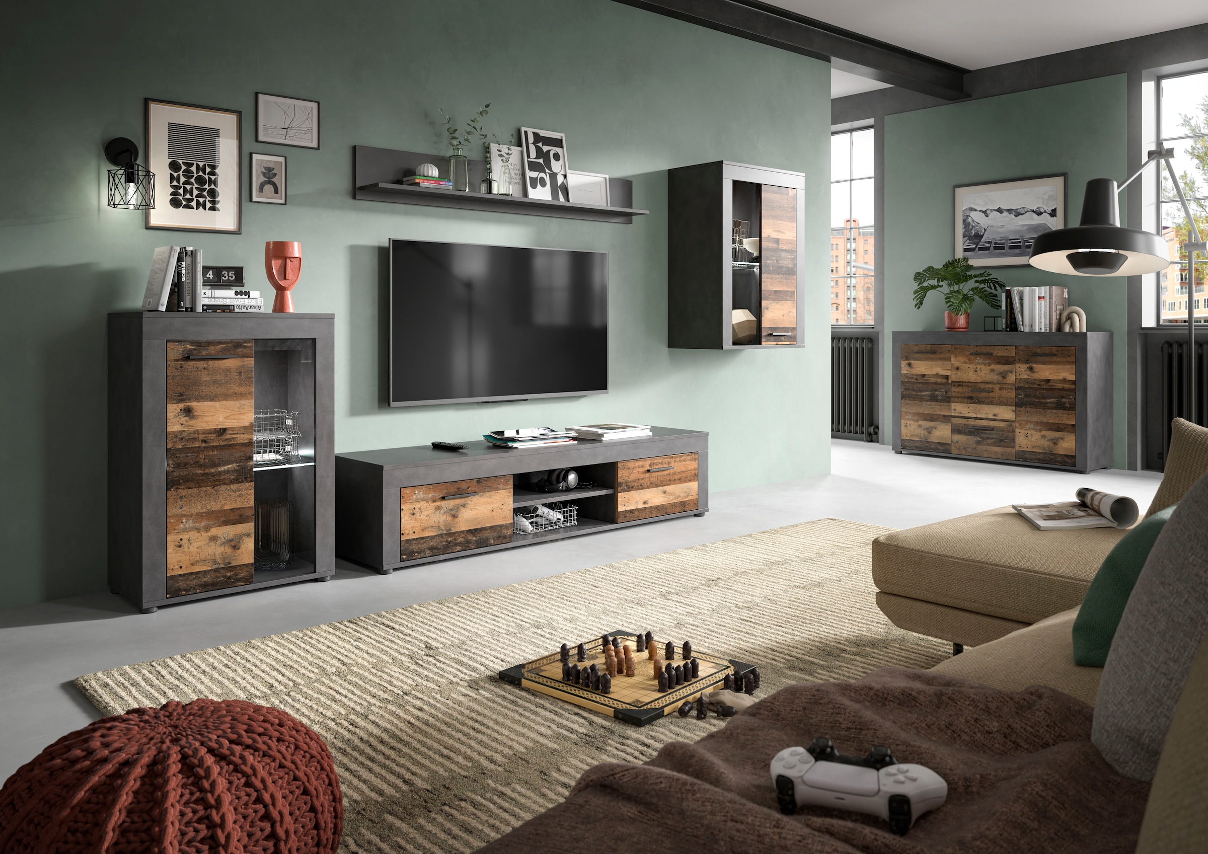 INOSIGN Wohnwand »Aosta, 4-tlg., best. aus: Highboard, Lowboard, Wandboard & Vitrine«, (4 St.), Wohnwand, Kombination, Anbauwand, Möbel Set, Schrankwand, Möbel Kombi
