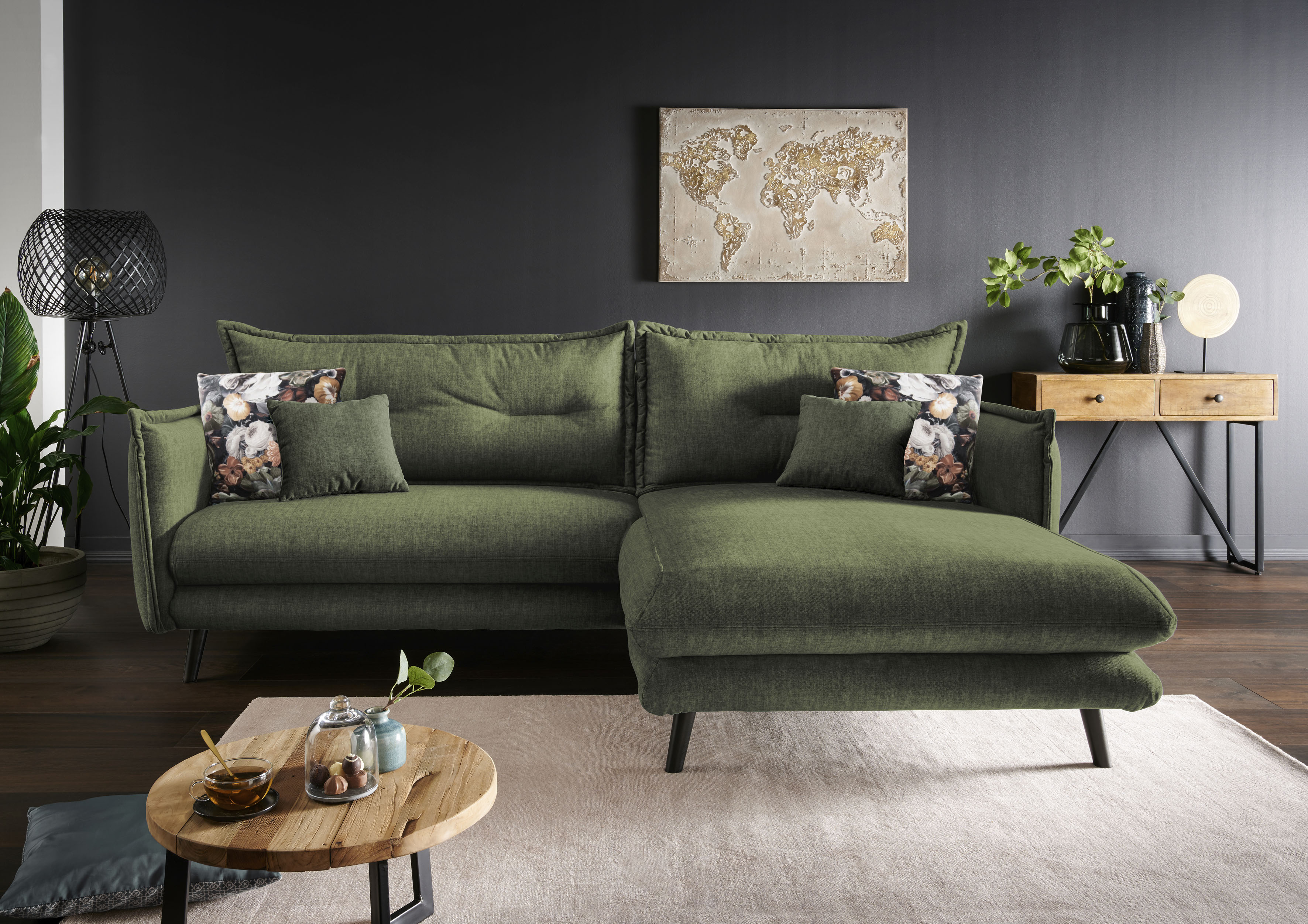 Home affaire Ecksofa "Levke, 255 x 180 cm, modern und bequem" Velours, Kissen: Microfaser, L-Form, inkl. Rücken- und Zierkissen