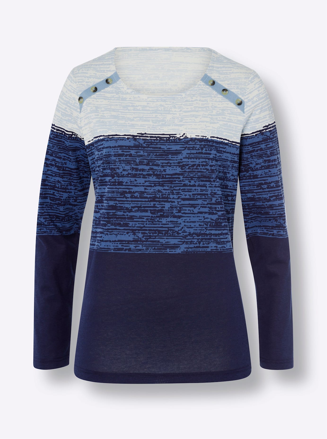 Langarmshirt CLASSIC BASICS "Rundhals-Shirt", Damen, Gr. 42, blau (eisblau, marine, bedruckt), 100% Baumwolle, gemustert, gestreift, mehrfarbig, Rundhals, Shirts Langarmshirt 3