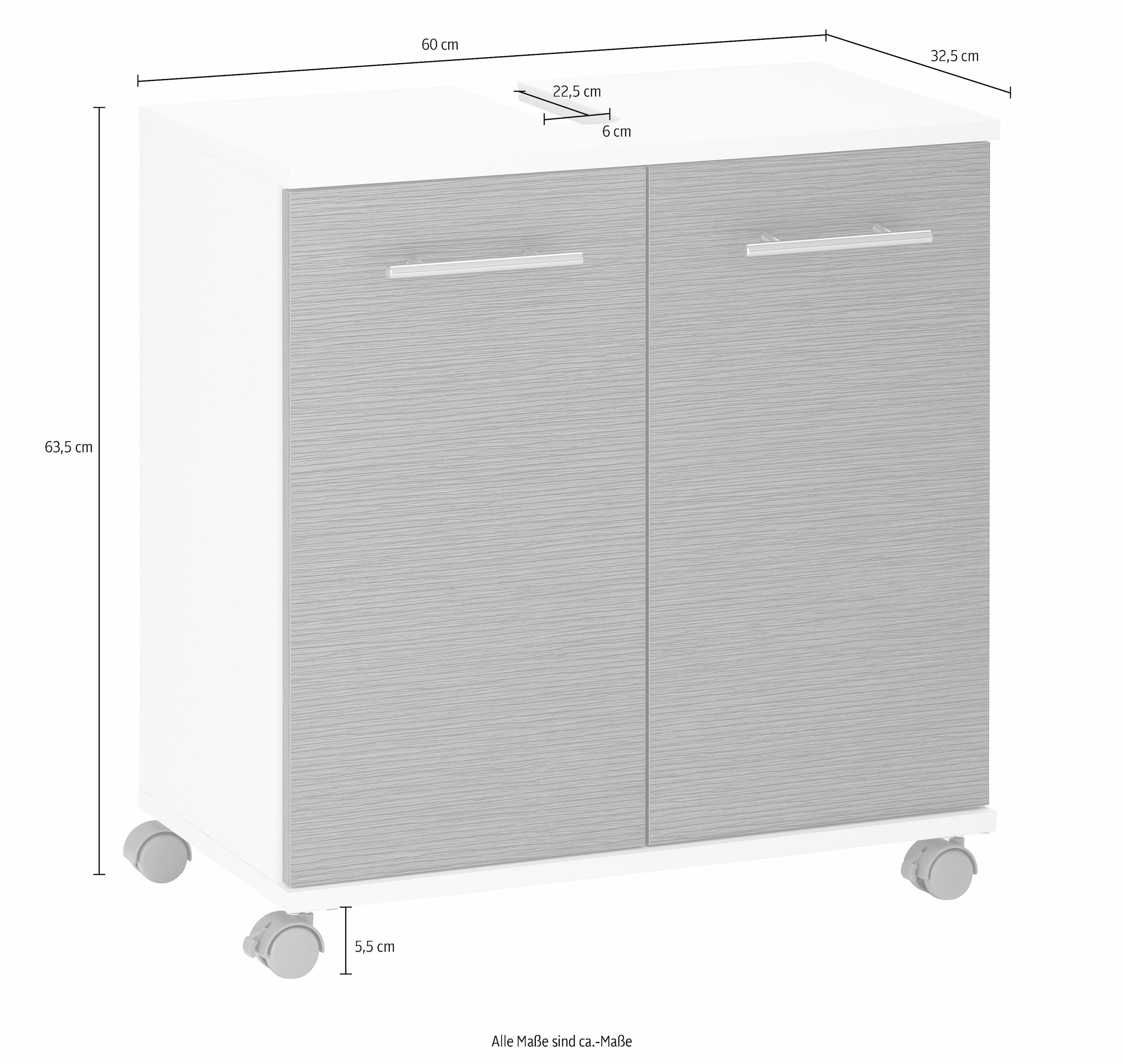 Schildmeyer Waschbeckenunterschrank »Palermo, Breite 59 cm«, Metallbeschläge, Siphonausschnitt, Rollen mit Feststellbremse