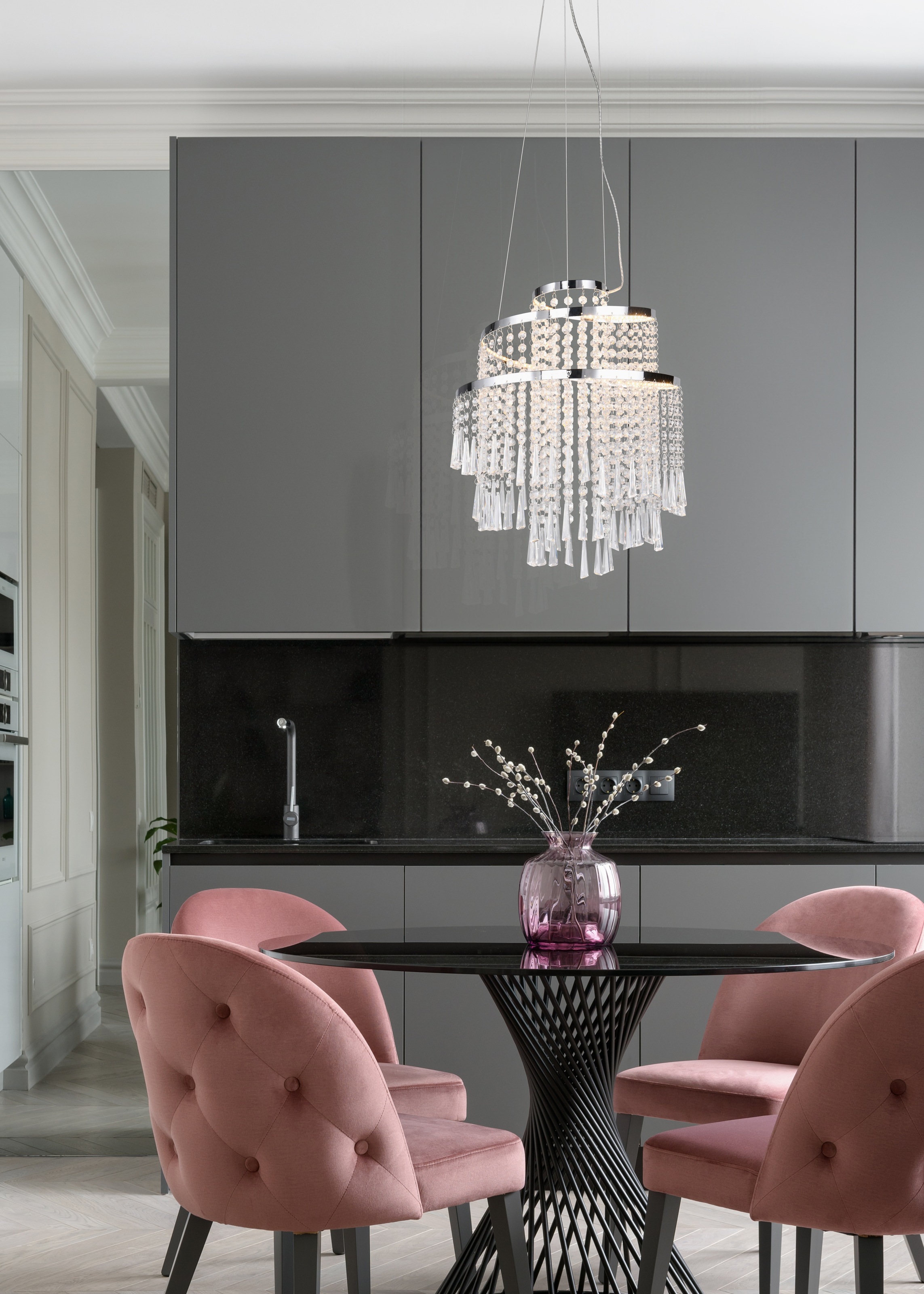 REALITY Leuchten LED Pendelleuchte »POMP, Kronleuchter chromfarbig mit Acryl Behang Ø 38cm Höhe 150 cm« LED-Board 1 Stk. Farbwechsler | warmweiß - kaltweiß LED Hängelampe 30W 4300 Lumen CCT 2700-6500K dimmbar mit Fernbedienung