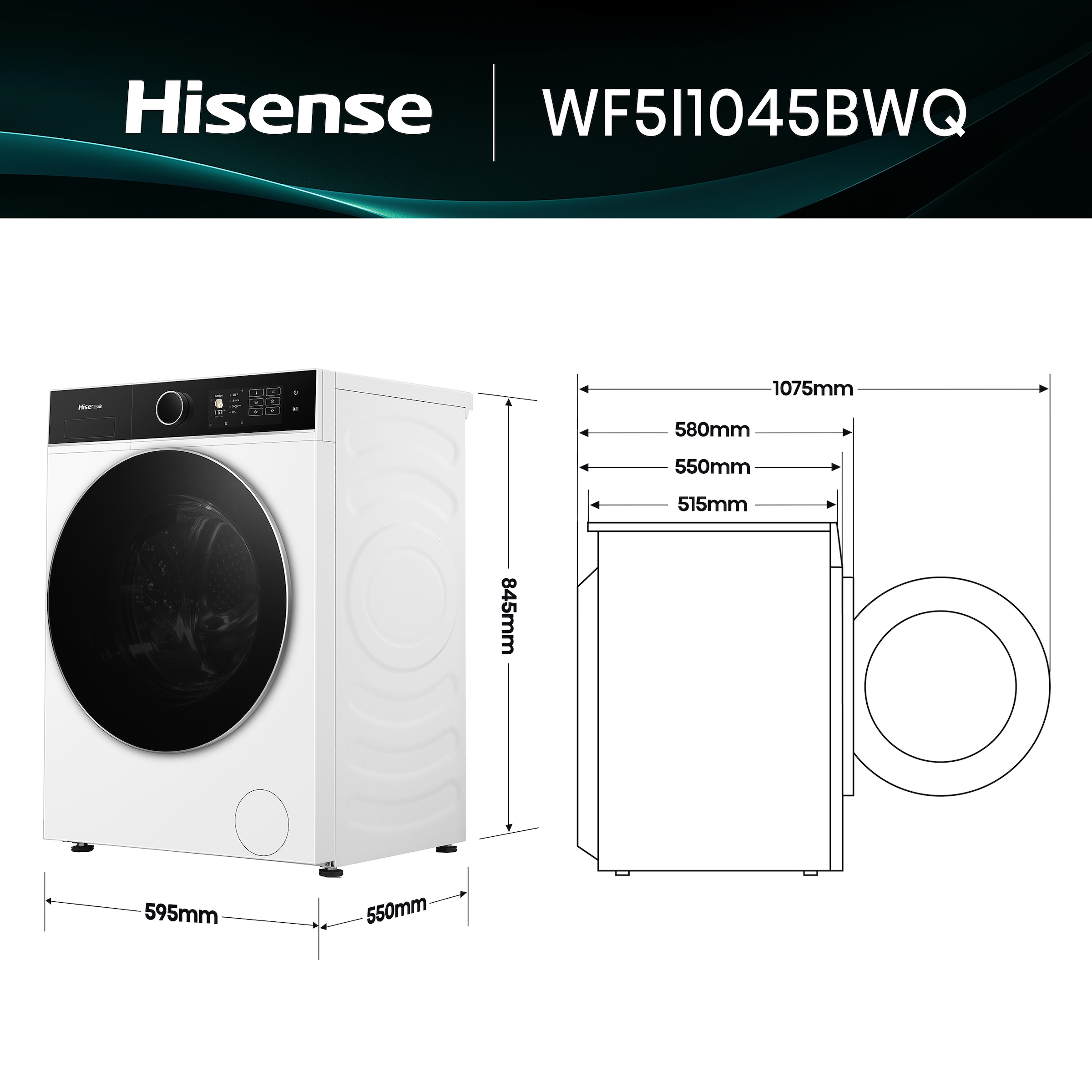 Hisense Waschmaschine 5i »WF5I1045BWQ« 10,5 kg 1400 U/min digitales Farbdisplay, AutoDose, Energie 40% besser als A