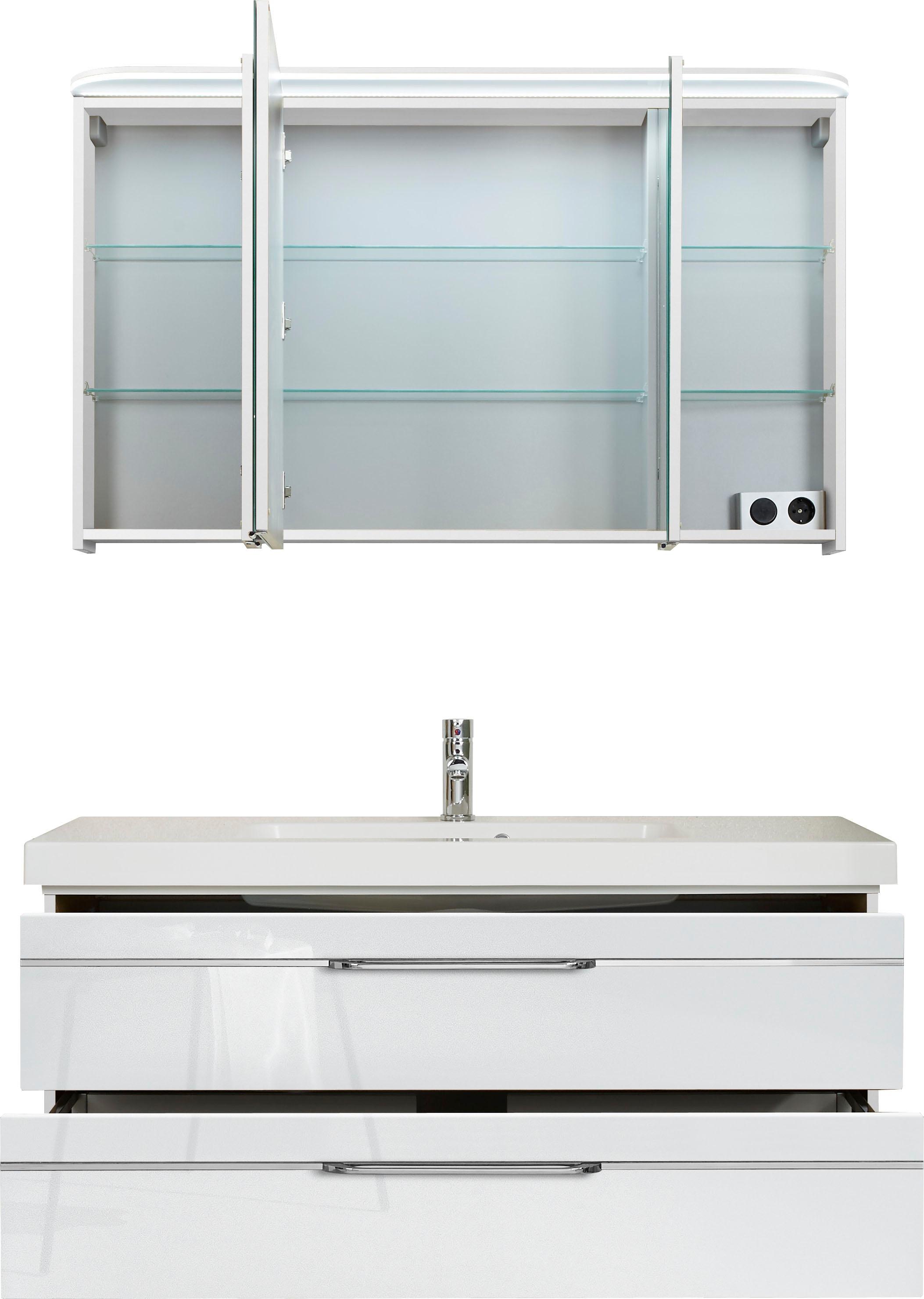 Saphir Badmöbel-Set »Balto Sprint 2-teilig, Mineralmarmor-Waschtisch mit LED-Spiegelschrank«, (2 St.), Badezimmer Set inkl. Türdämpfer, 3 Türen, 2 Schubladen