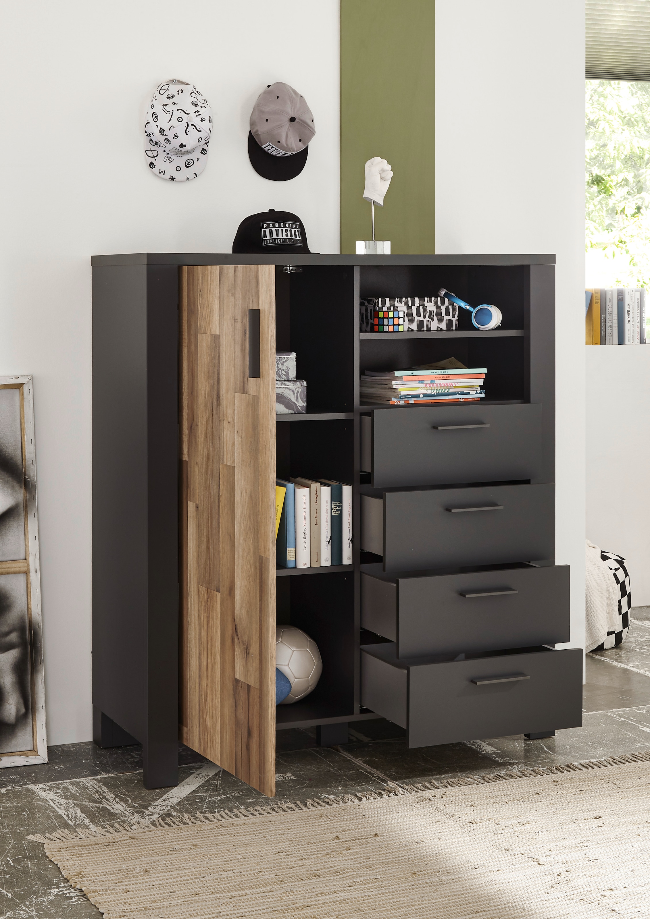 Begabino Highboard "Dallas Hochkommode, Sideboard", mit Schubkästen, Schrank in Montana Oak-Graphit