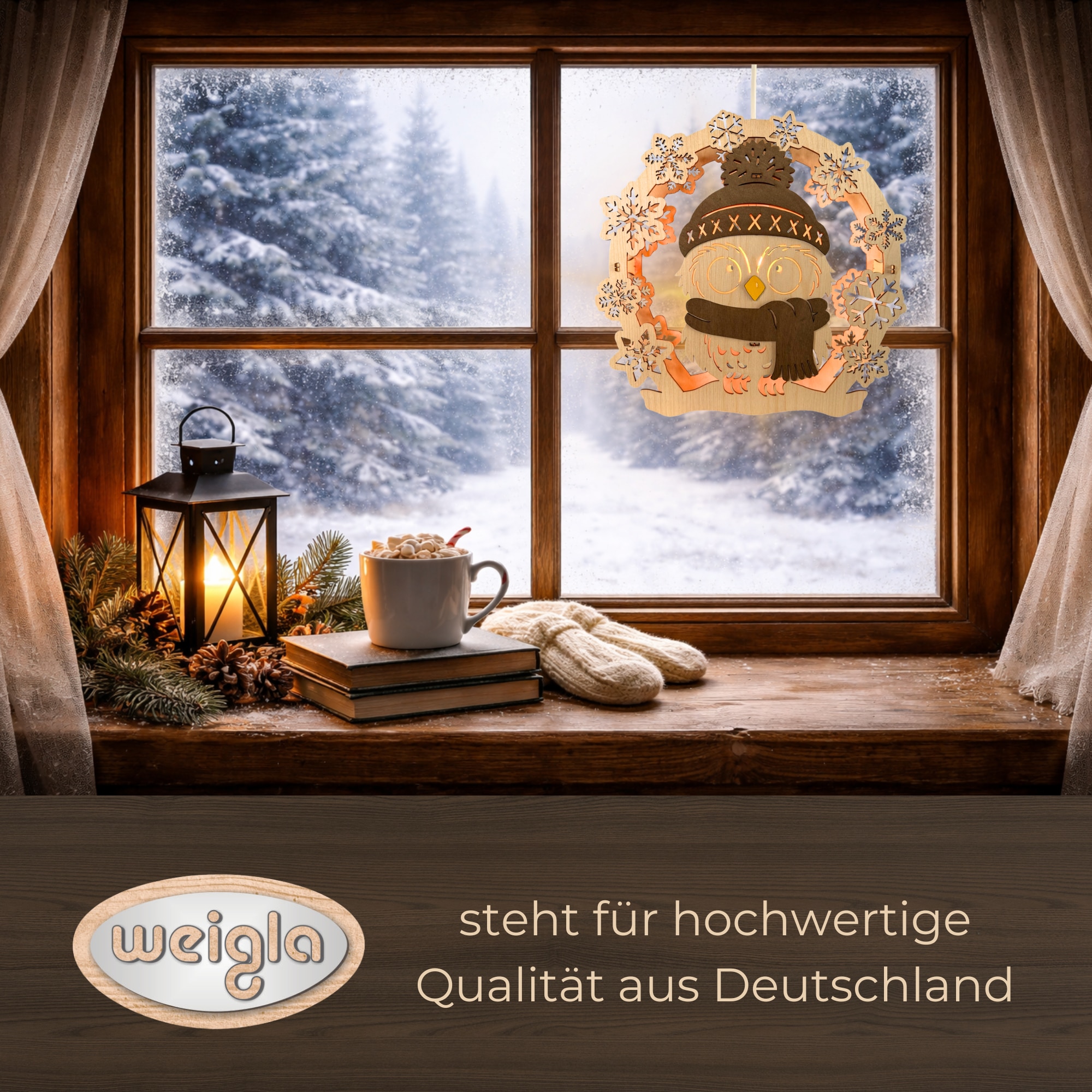 Weigla LED Dekolicht »Wintereule, beleuchtetes Fensterbild, NATUR-BRAUN« E14 Holzkunst aus dem Erzgebirge