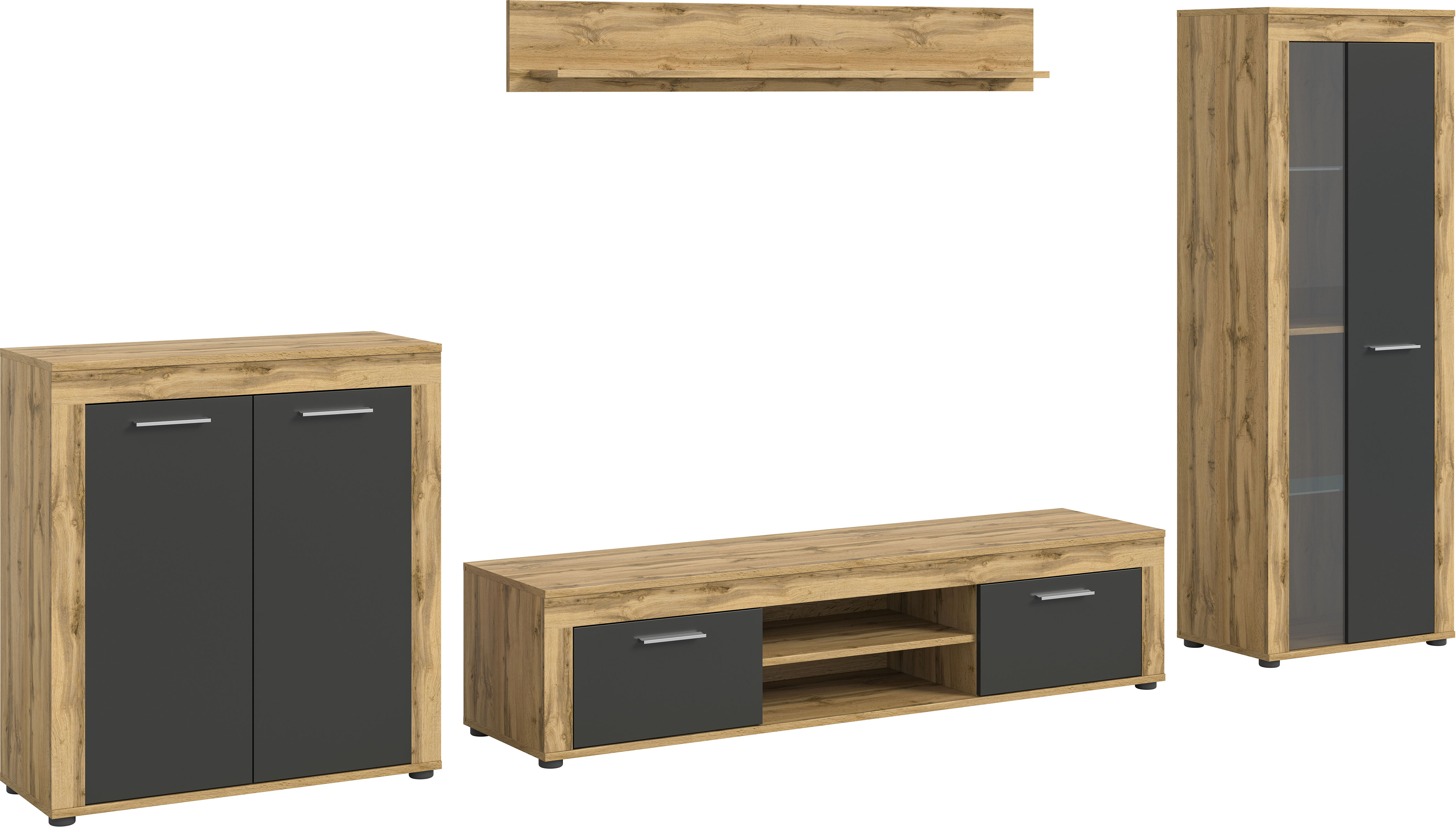 OTTO home Wohnwand "AOSTA, Breite 330cm, 4-teilige Wohn-Kombination" bestehend aus: Highboard, Lowboard, Wandboard, Vitrine, 4 Stk. tlg.