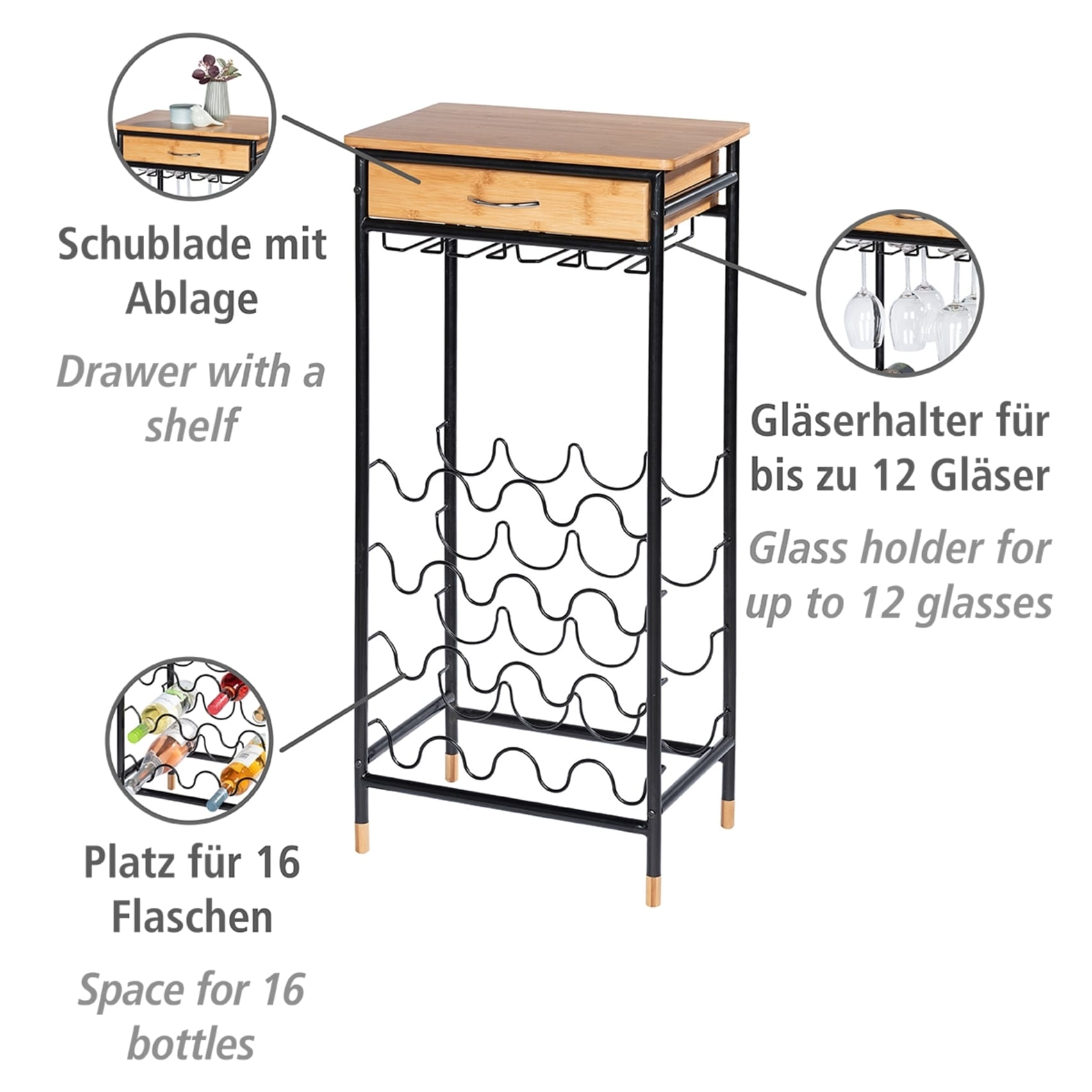 WENKO Weinflaschenhalter »Modell Loft«, Flaschenregal für 16 Flaschen mit Schublade, Metall und Bambus