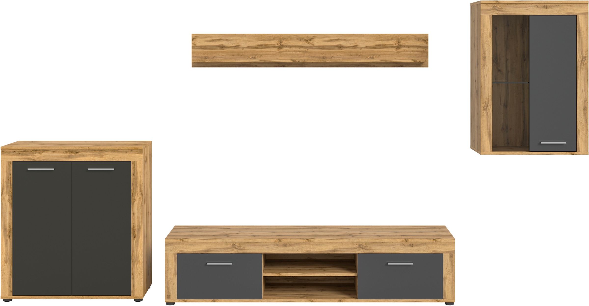 INOSIGN Wohnwand »Aosta, 4-tlg., best. aus: Highboard, Lowboard, Wandboard & Vitrine«, (4 St.), Wohnwand, Kombination, Anbauwand, Möbel Set, Schrankwand, Möbel Kombi
