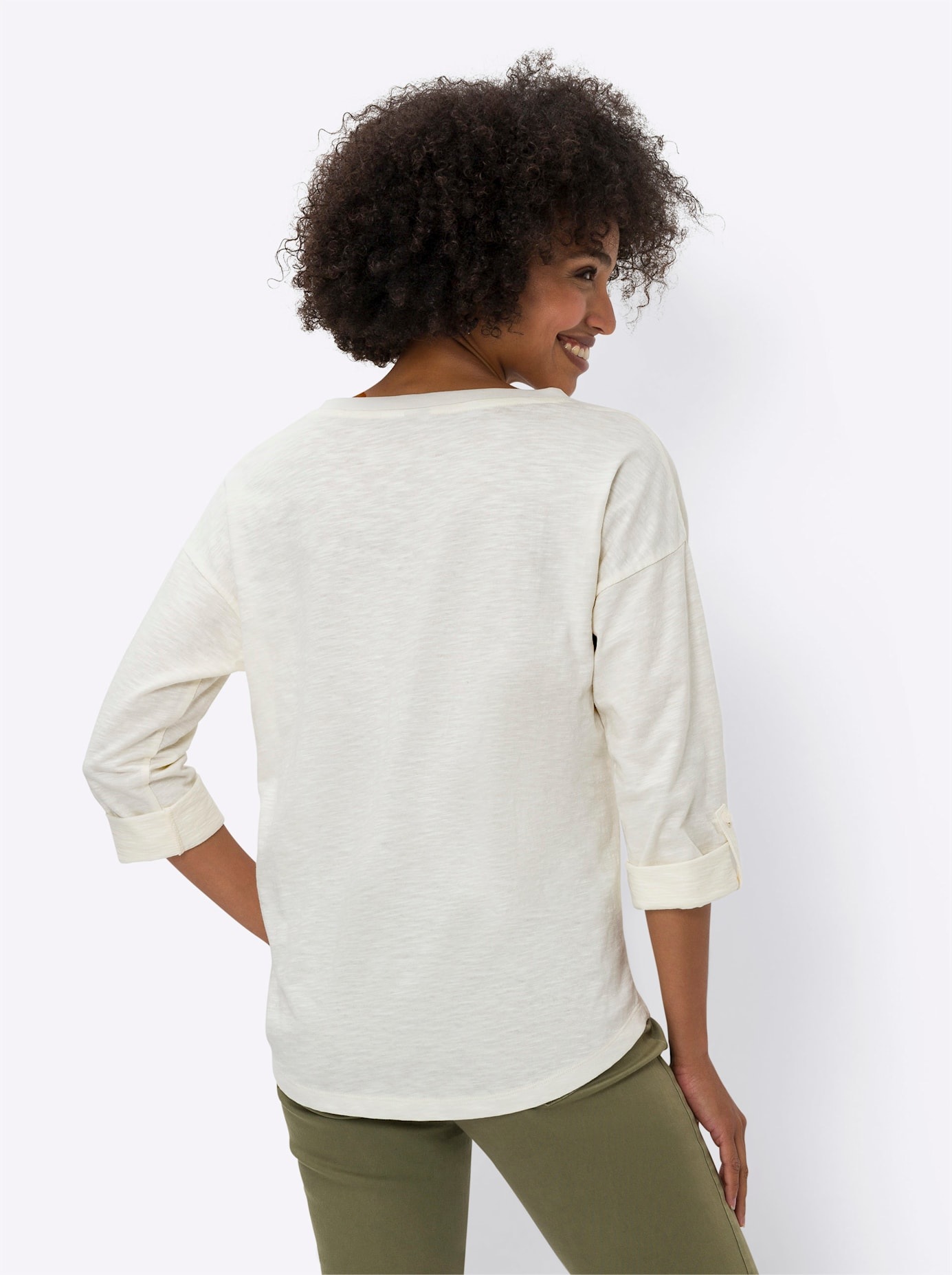 3/4-Arm-Shirt HEINE "Shirt", Damen, Gr. 40, beige (champagner), 100% Baumwolle, gemustert, unifarben, V-Ausschnitt, Shirts 3/4-Arm-Shirt 2