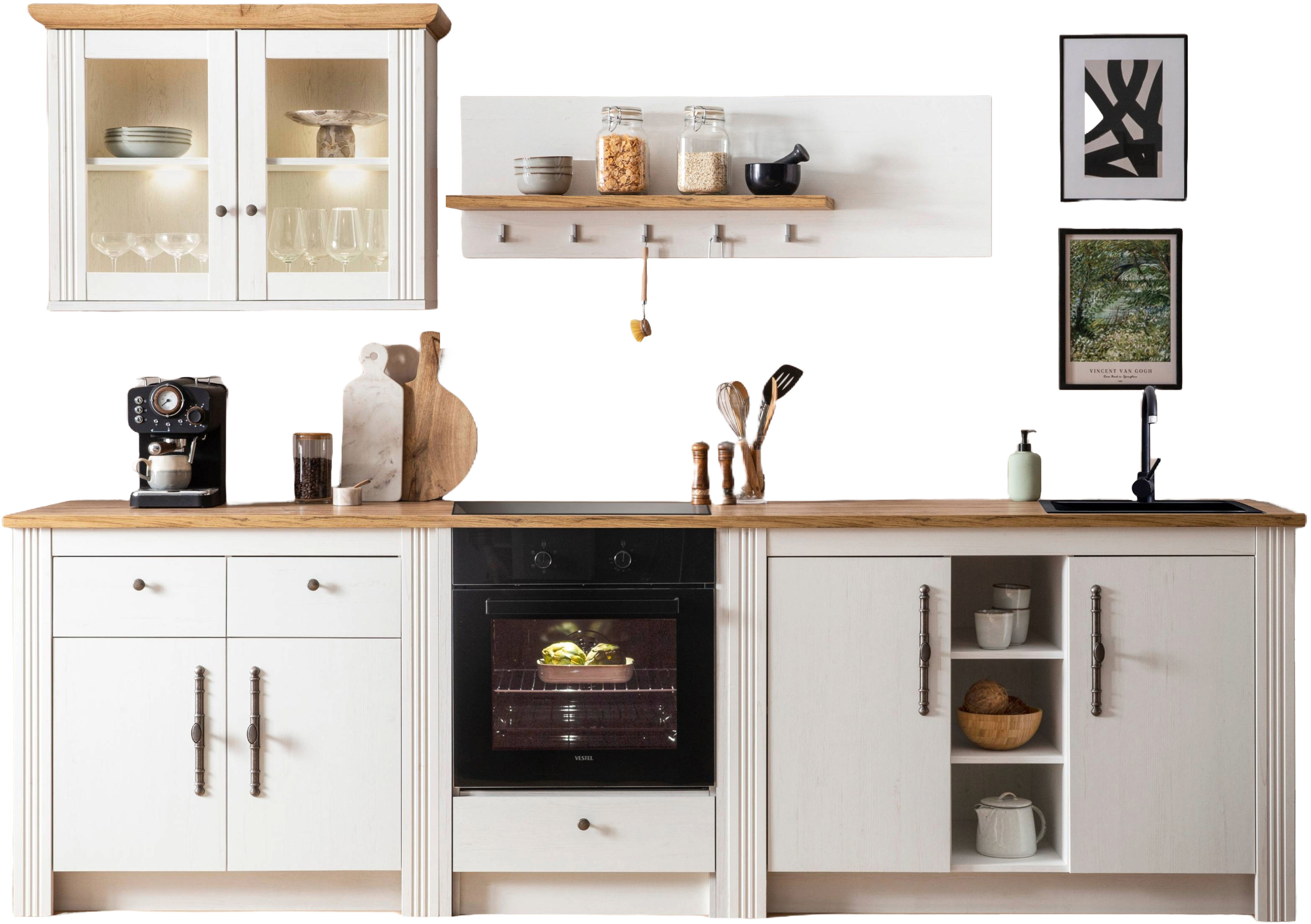 OTTO home Küchenzeile "KS-Westminster, Pantryküche im Landhaus Stil, hochwertige Metallgriffe" Set, Breite 294 cm, Kommoden, Wandpaneel, Hängeschrank, Herdumbau