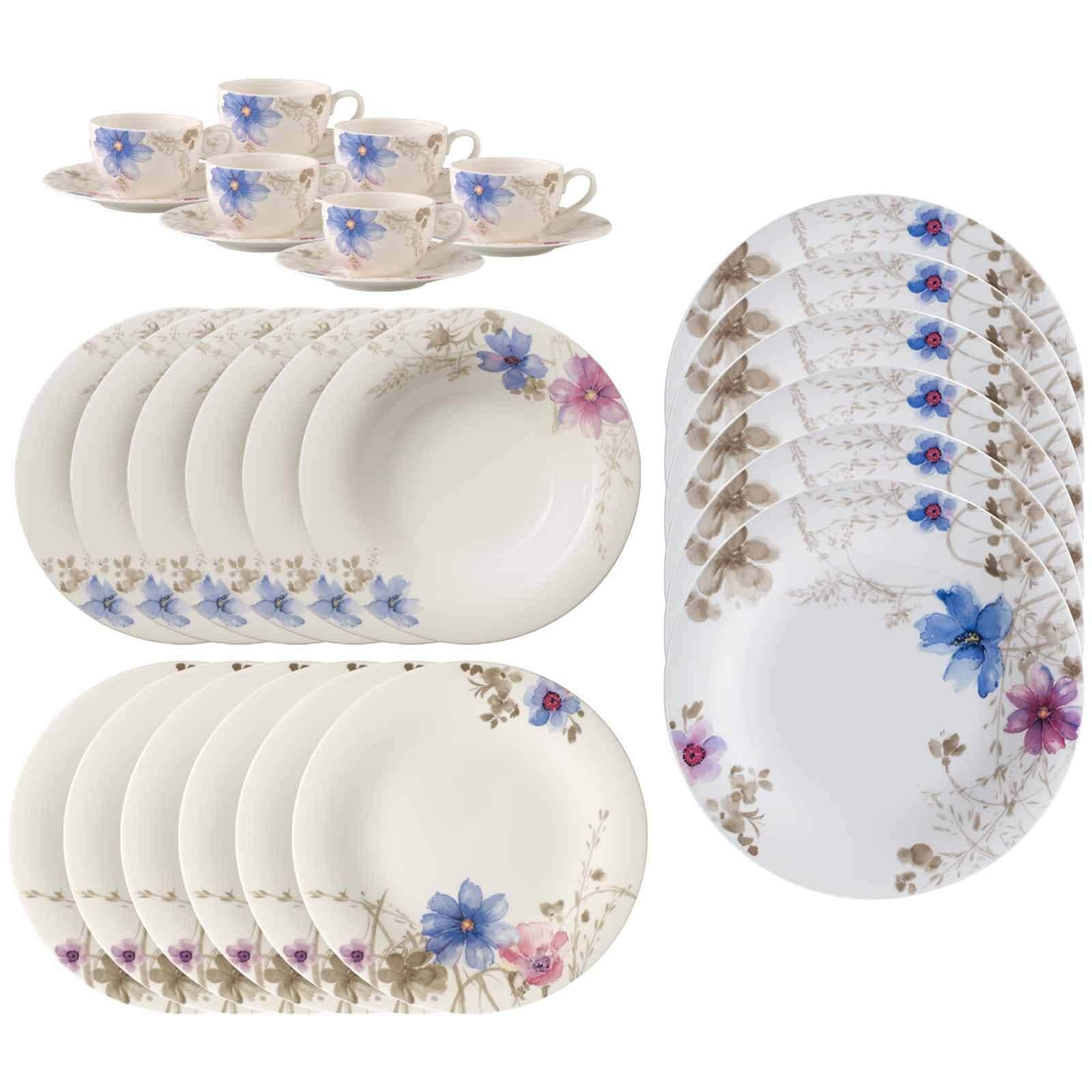 Villeroy & Boch Geschirr-Set "Kombiservice Mariefleur Gris Basic 30er Set bunt" Spülmaschinengeeignet, Mikrowellenfest