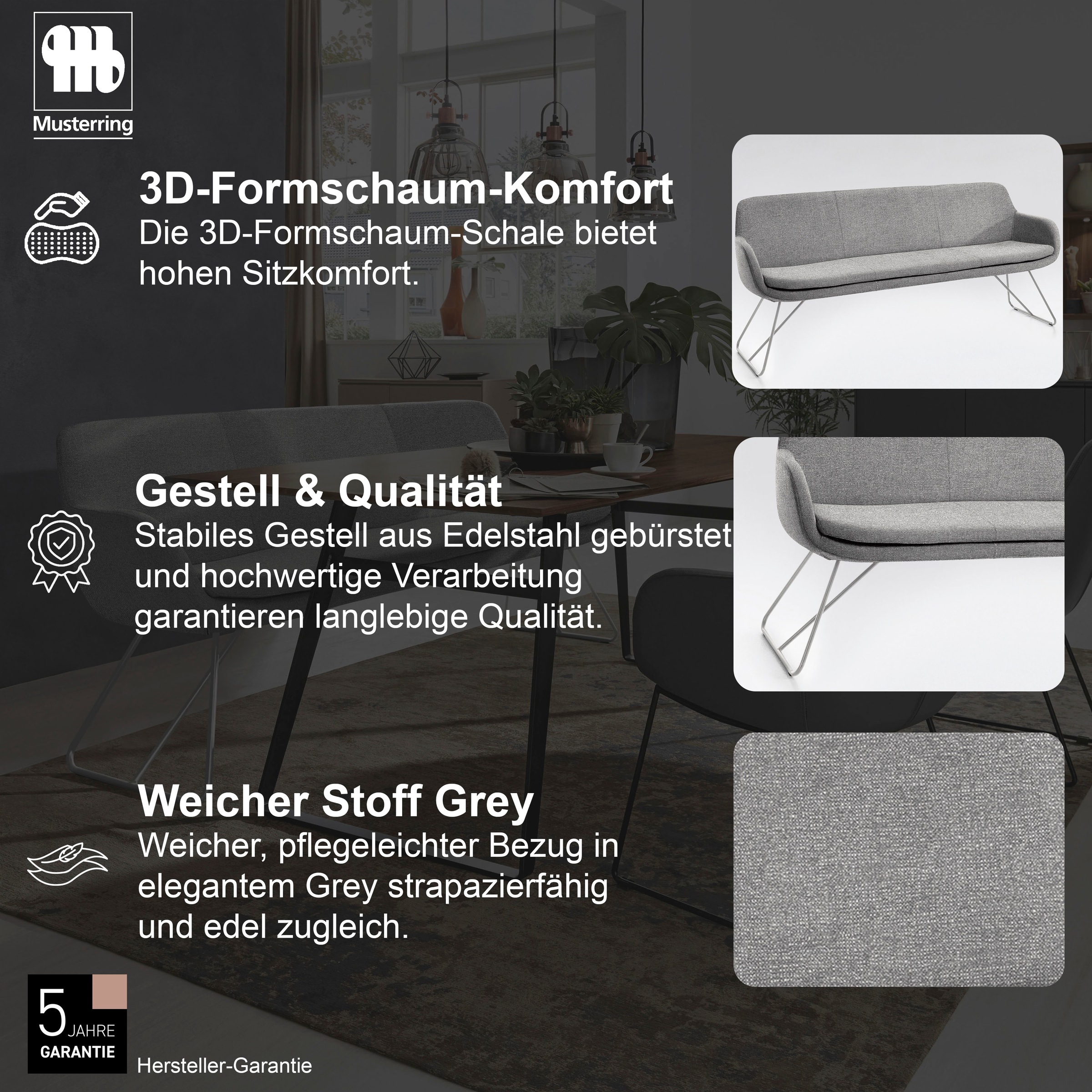 Musterring Tavia Upholstered Dining Bench grey 220cm 2