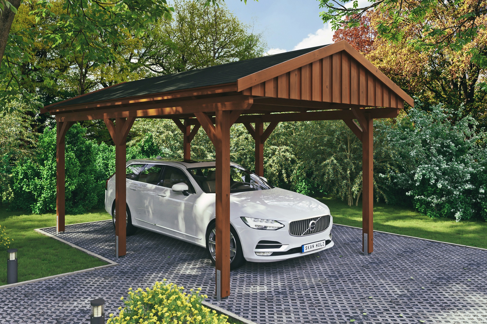Skanholz Einzelcarport "Fichtelberg" Leimholz braun mit schwarzen Schindeln