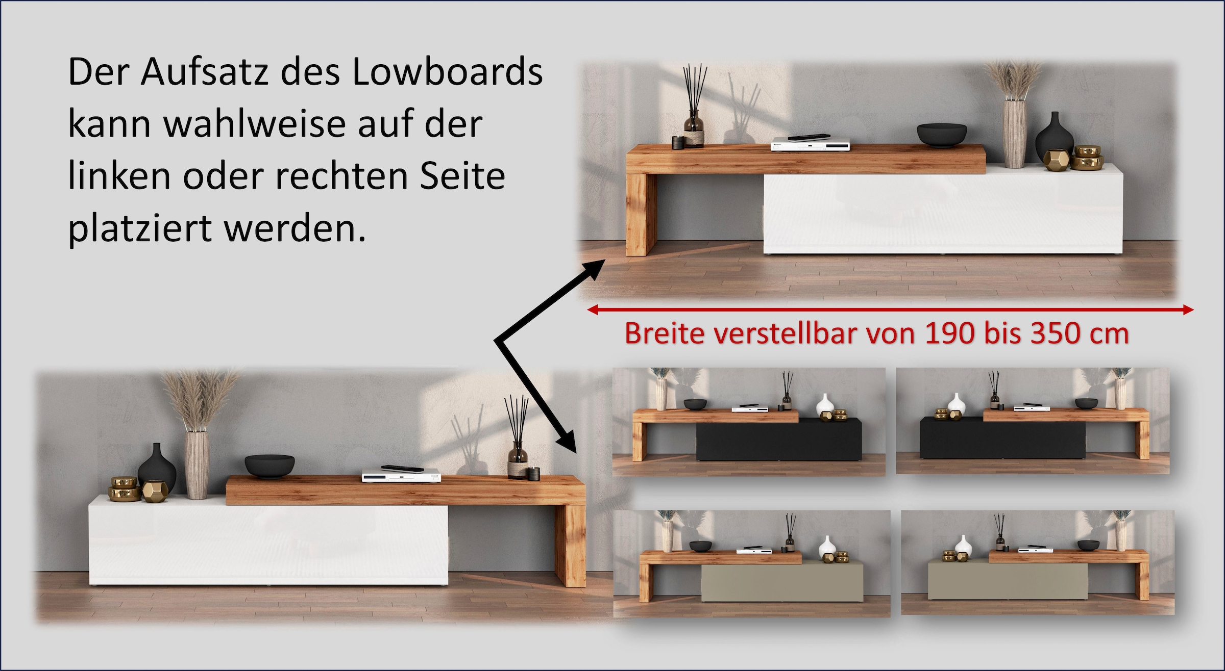 INOSIGN TV-Board »Chronos TV-Board, Lowboard«, (1 St., Breite verstellbar von 190 bis 350 cm), Breite 270 cm TV-Board,Lowboard,1 Klappe und ein L-Förmiger Aufsatz