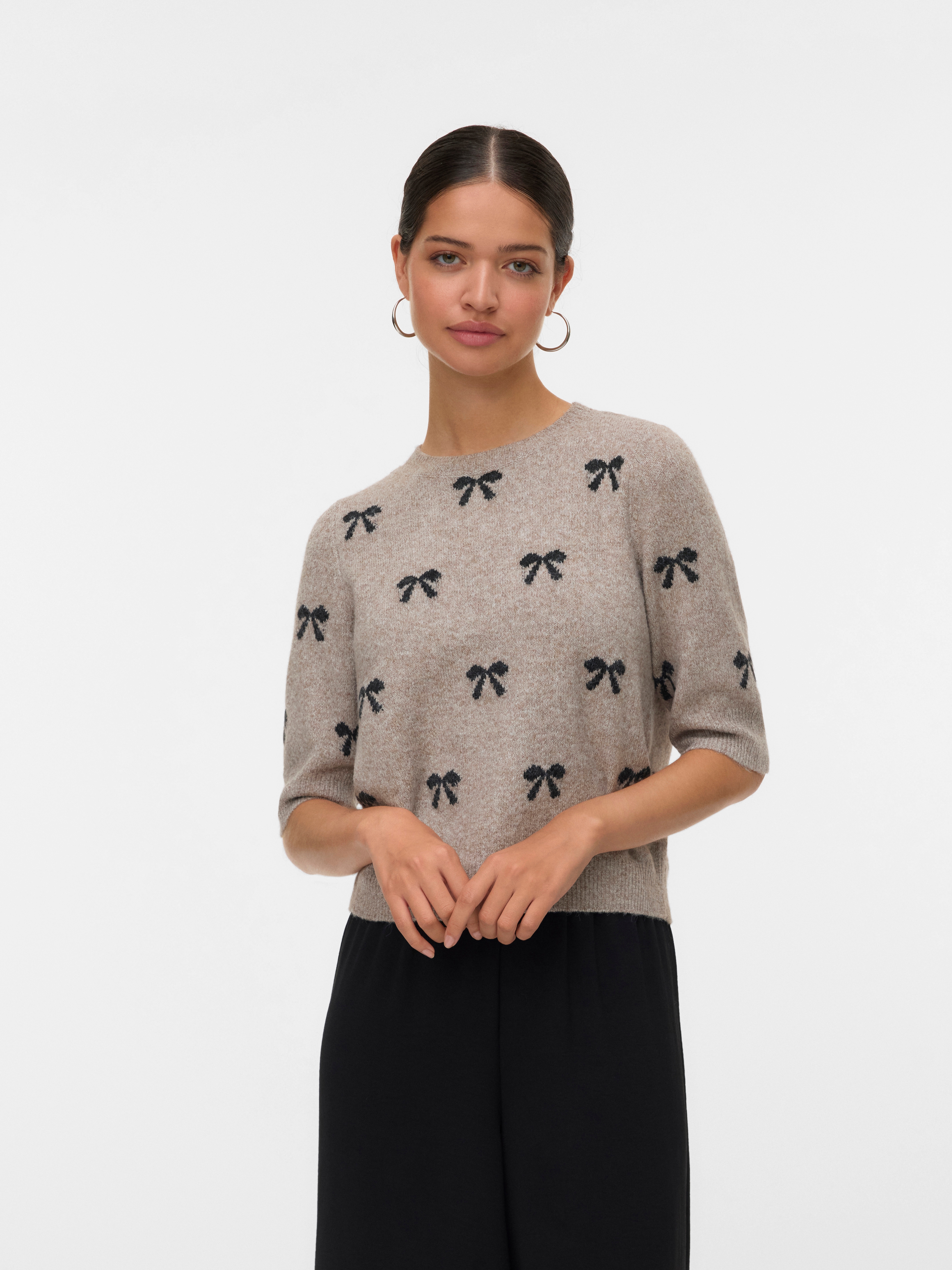 Vero Moda Kurzarmpullover "VMDOFFY INTARSIA 2/4 O-NK PULLOV GA NOOS" Materialmix, Stretch, regular fit