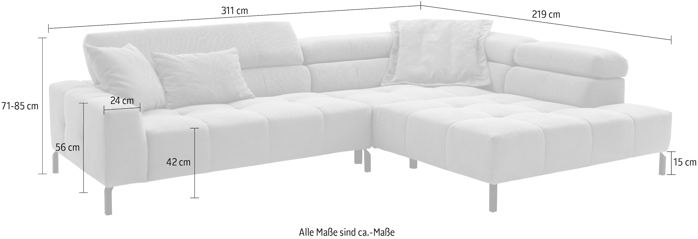 Places of Style Ecksofa »Cleveland, L-Form, incl. Kopfteilverstellung, Breite 311 cm«, wahlweise elektrischer Sitzvorzug
