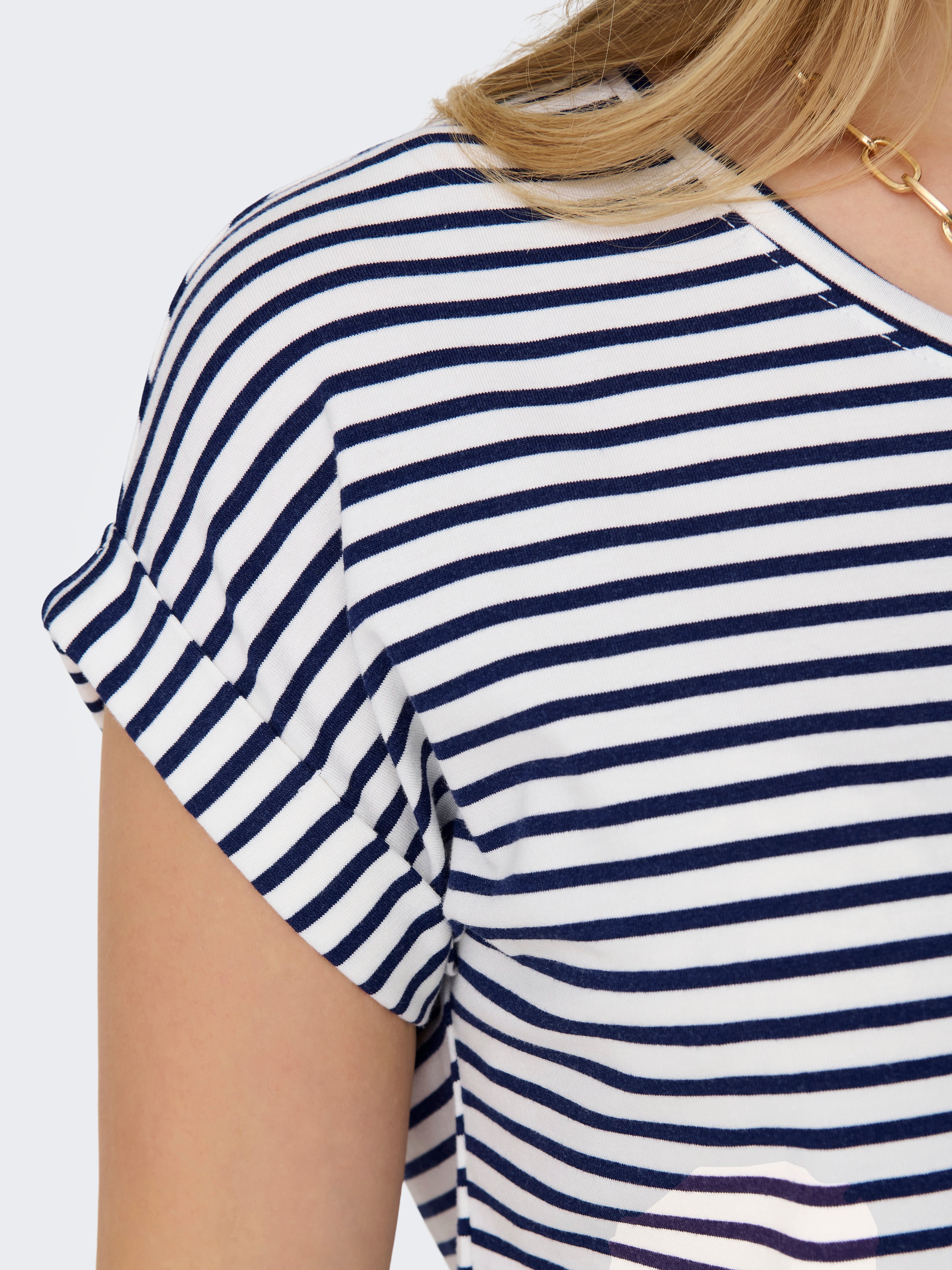 Kurzarmshirt ONLY "ONLMOSTER STRIPE S/S O-NECK TOP JRS NOOS", Damen, Gr. L (40), weiß (cloud dancer stripes:naval academy), Jersey, Obermaterial: 75% Viskose, 20% Polyester, 5% Elasthan, gestreift, regular fit normal, Rundhals, Aufschlag, Shirts, gestreif 4