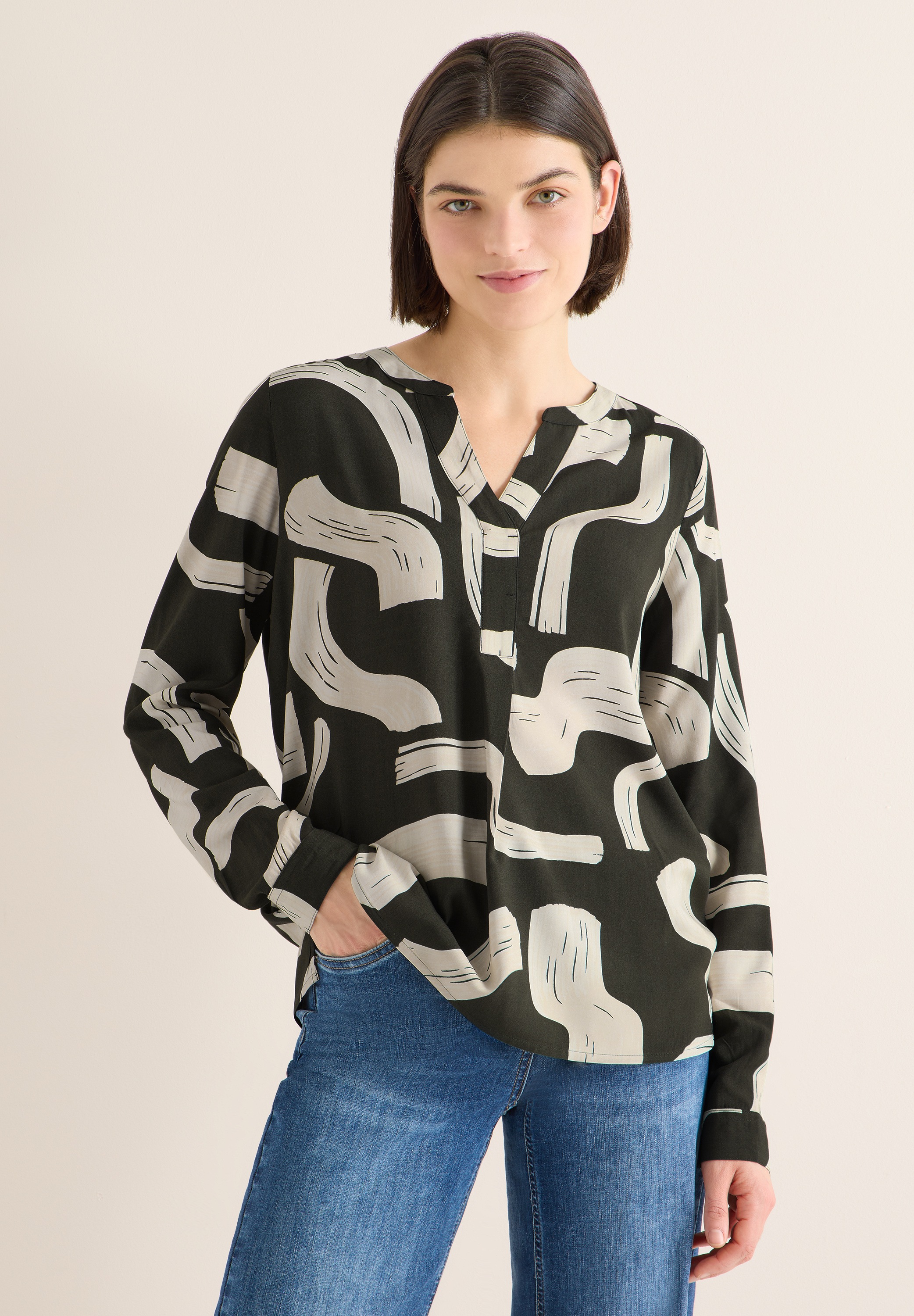 CECIL Damen Langarmbluseraw khaki, Gr. XS, gemustert, Stoff, 100% Viskose, Blusen, im grafischen Design