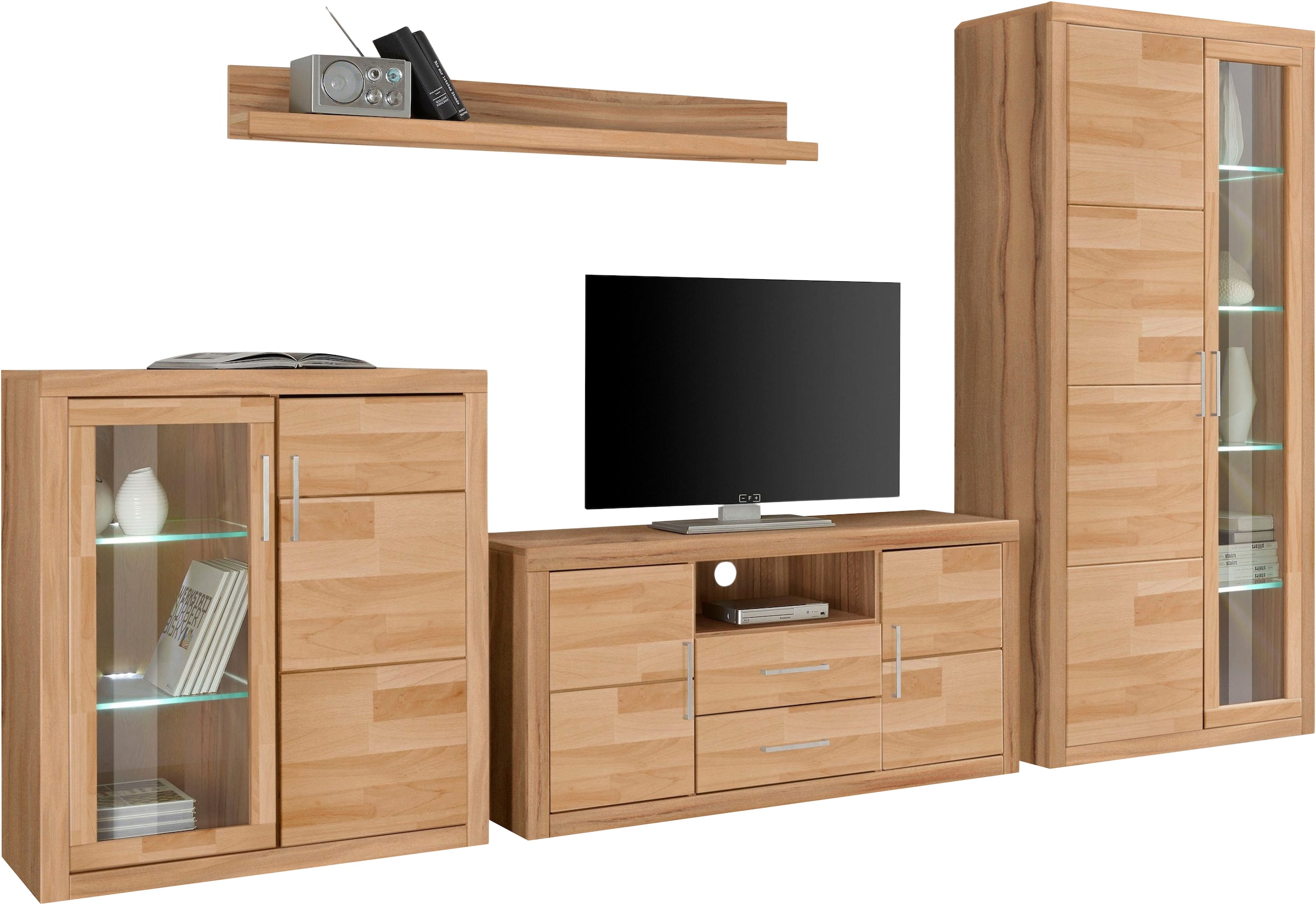 Wohnwand OTTO HOME, beige, Holzwerkstoff, Wohnzimmer, Kastenmöbel-Sets, "Logo", teilmassives Holz