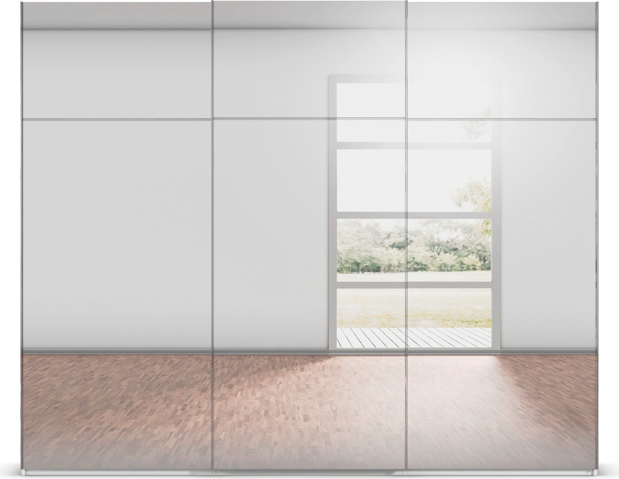 rauch Schwebetürenschrank »Kleiderschrank Schrank Garderobe Schlafzimmerschrank SCALE-TRIO«, edle dreigeteilte Front mit 2 Zierleisten Spiegelfront MADE IN GERMANY
