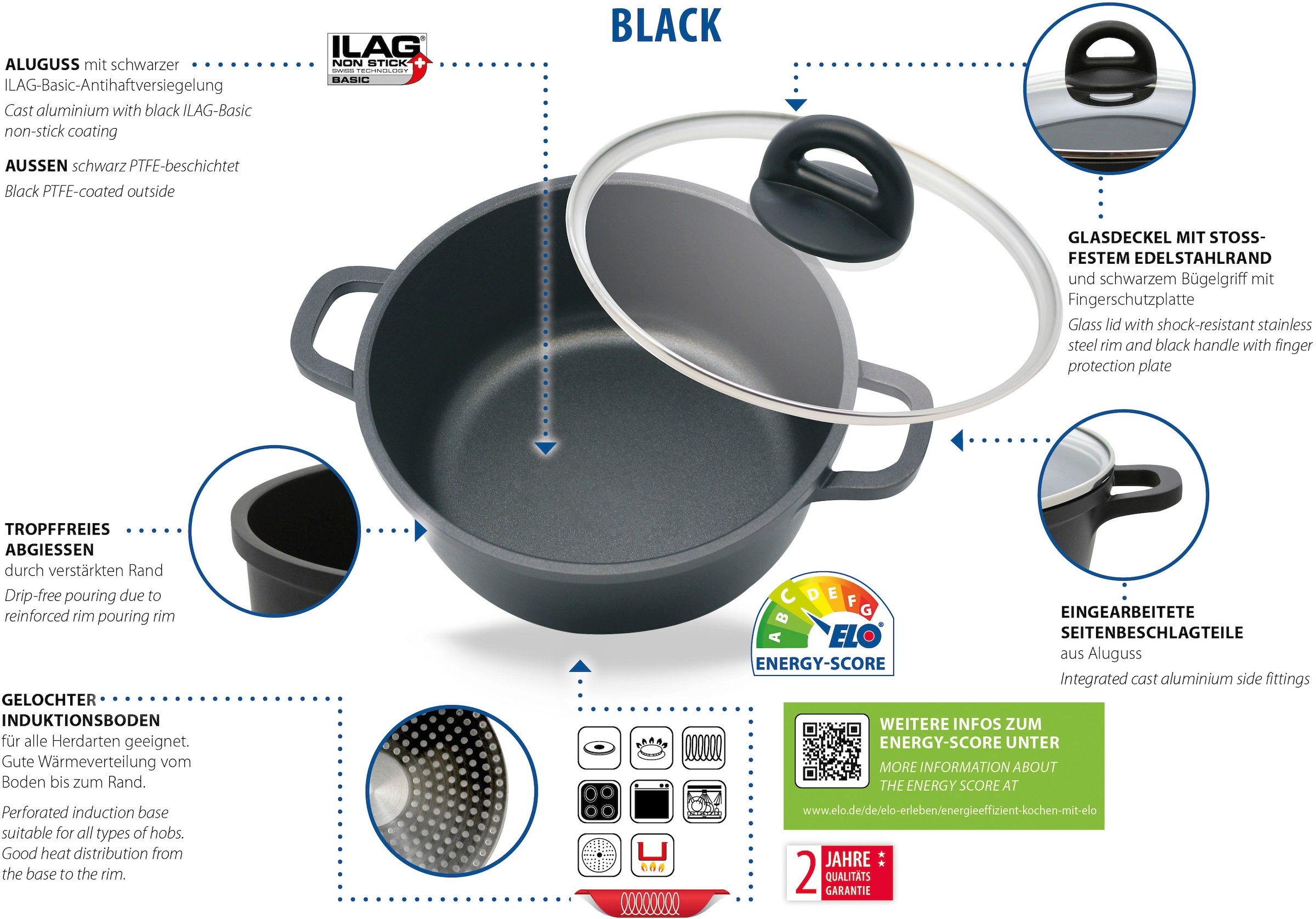 Ø tlg.), Basic Elo Kasserolle BAUR Induktionsboden, | (1 gelochter cm Aluminiumguss, 16 »Black«,