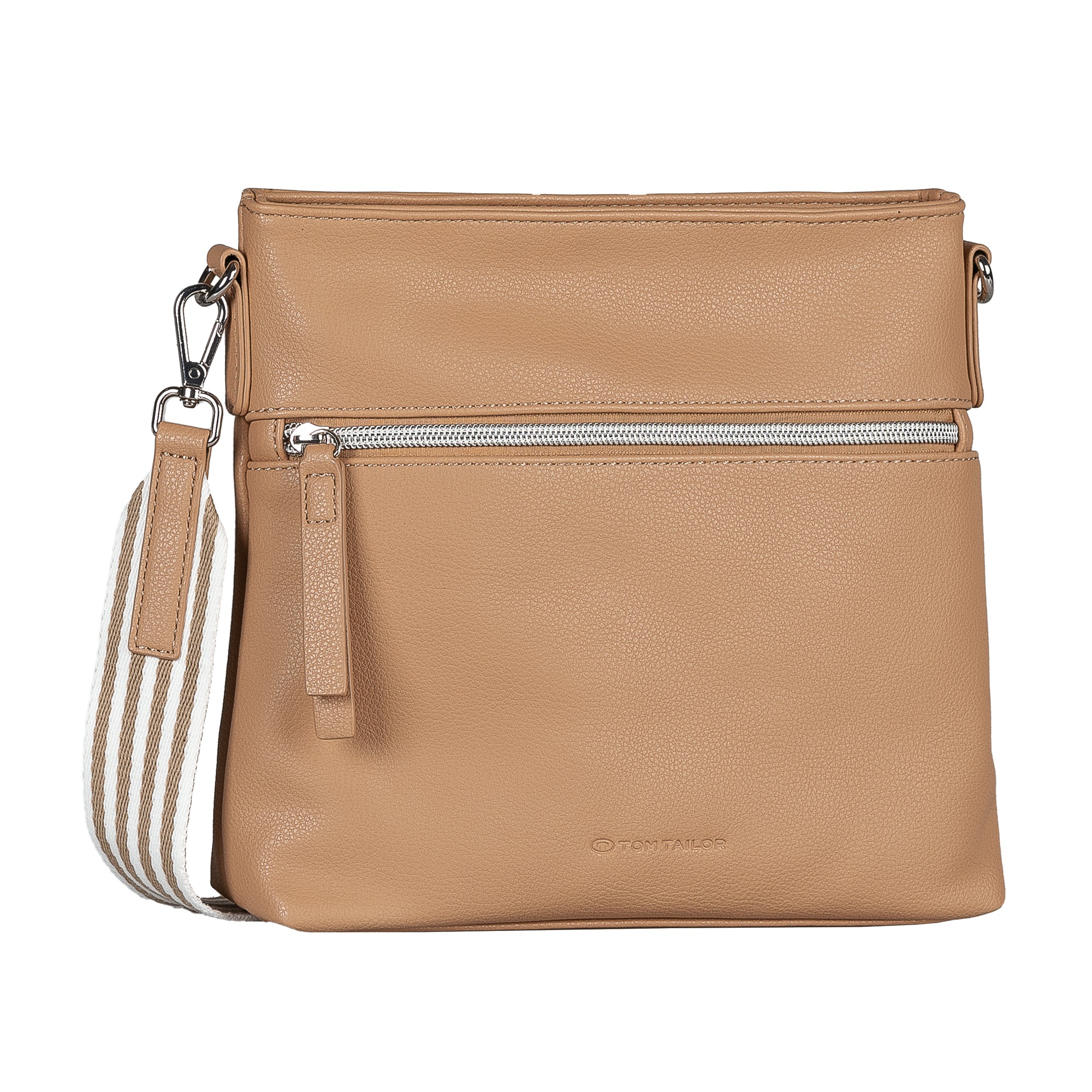 Umhängetasche TOM TAILOR "Orla Stripe", Damen, Gr. B/H/T: 25cm x 23cm x 6cm, camel, Polyurethan, clean, gepflegt, unifarben, Taschen Umhängetasche, aus softem Kunstleder in modernem Look mit sommerlichem Stoffgurt