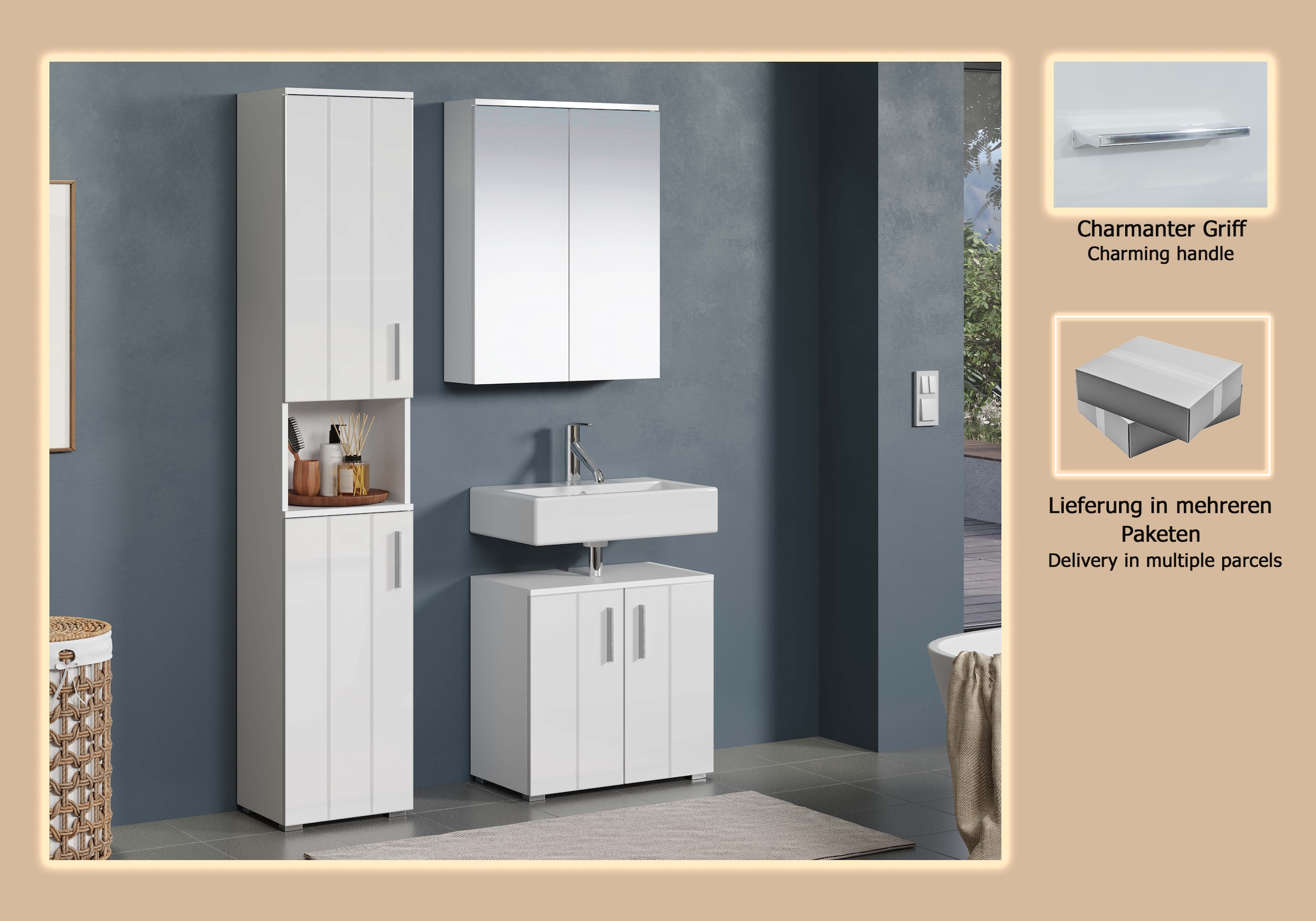 welltime Badezimmer-Set »Prag«, (Set, 3 St.), Hochschrank, Waschtisch und Spiegelschrank mit vertikalen Fräsungen