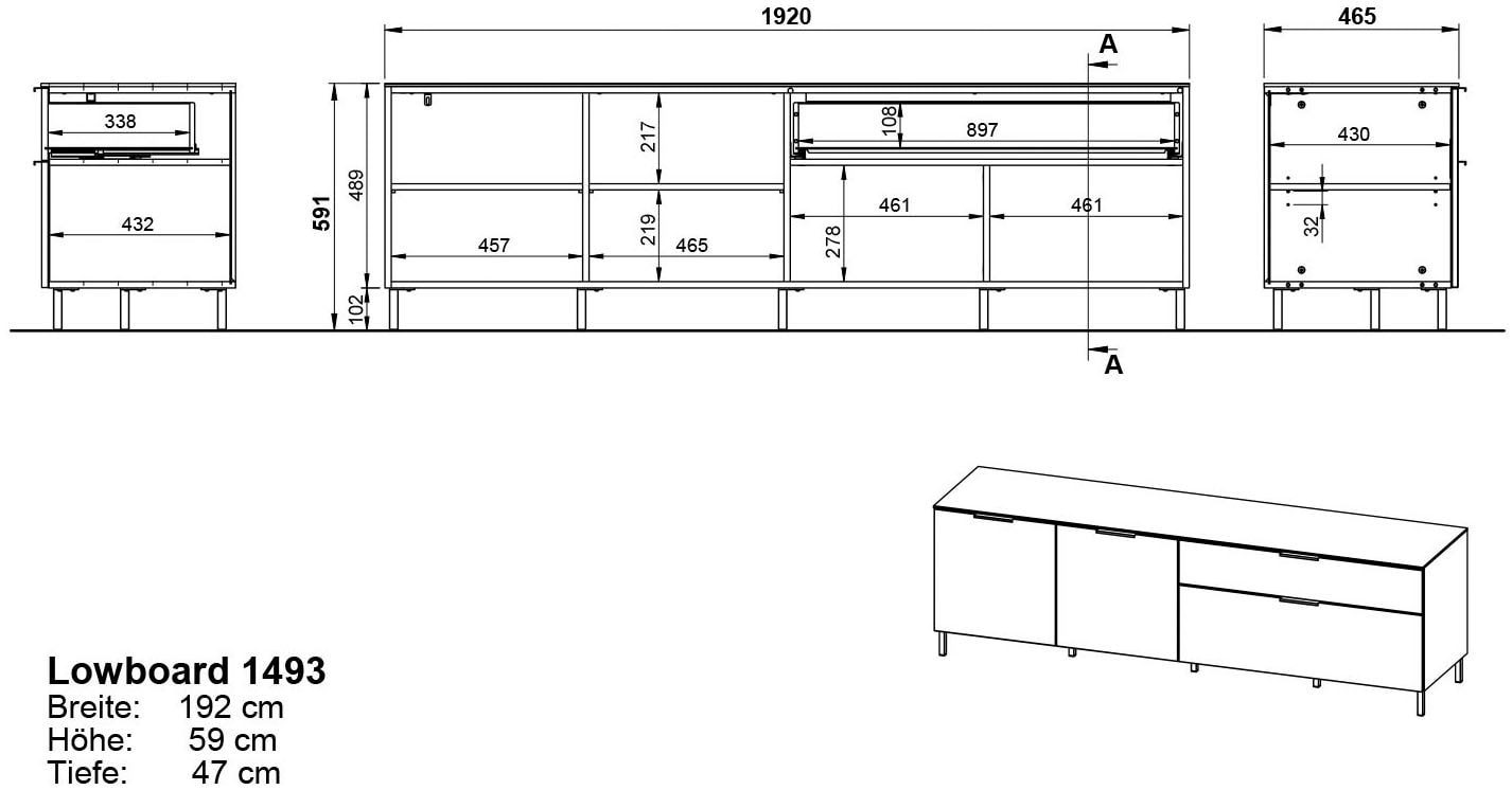 GERMANIA Lowboard 192 cm, | BAUR Breite bestellen »California«, mit filigraner Deckplatte