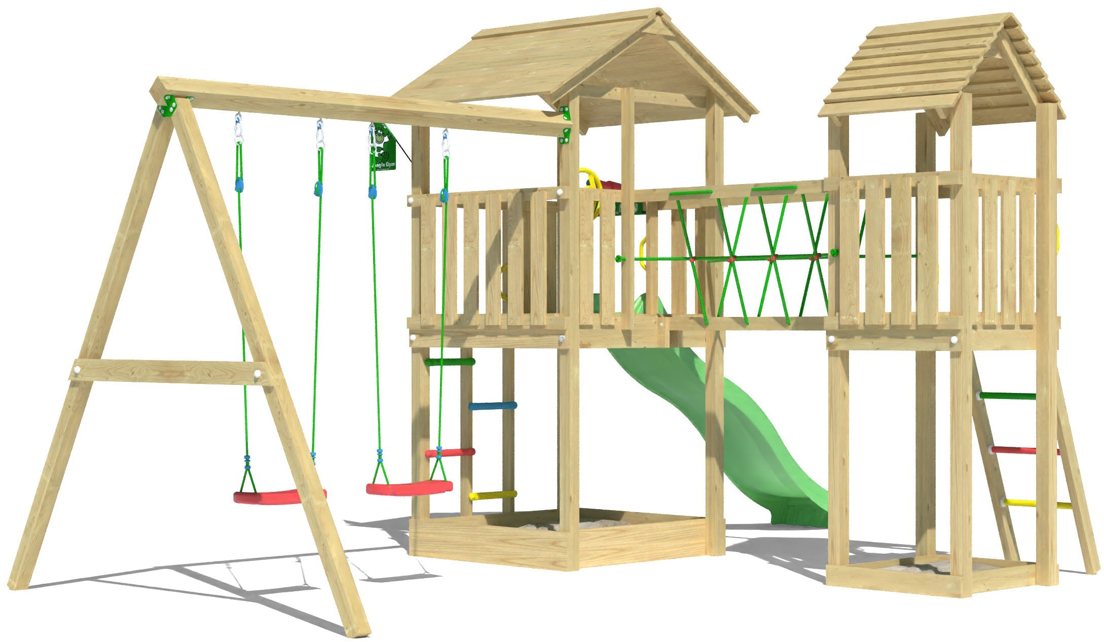 JUNGLE GYM Kinder Spielturm "Nova", grün, Holzwerkstoff, B:524cm H:280cm T:350cm, Spieltürme, Spielanlage mit 2 Türmen, Schaukel und Rutsche mit