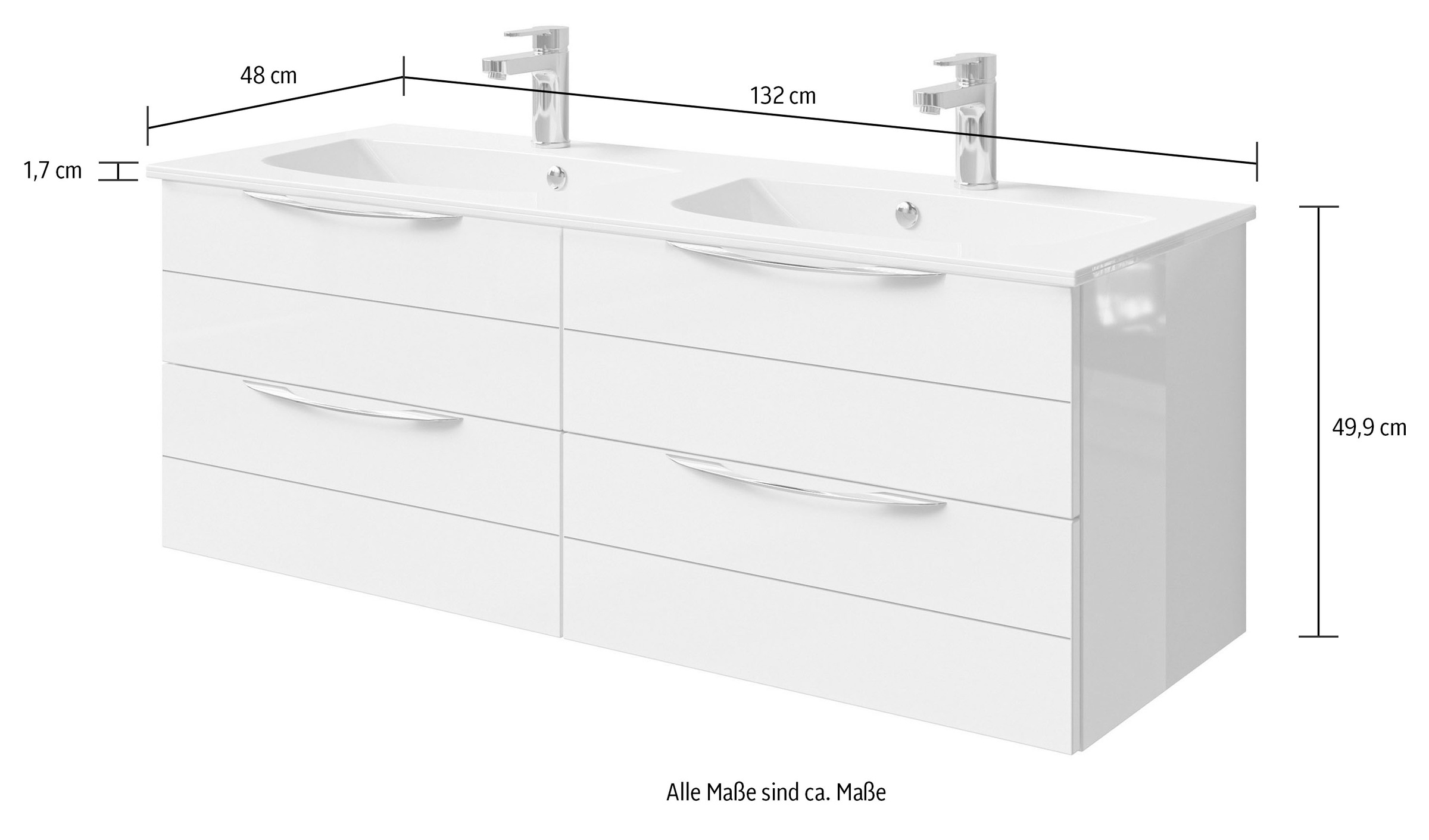 Saphir Waschtisch »Serie 6025 Mineralmarmor-Waschtisch mit Unterschrank, 132 cm breit«, Doppel-Waschplatz mit 4 Schubladen, hängend, verschiedene Ausführungen