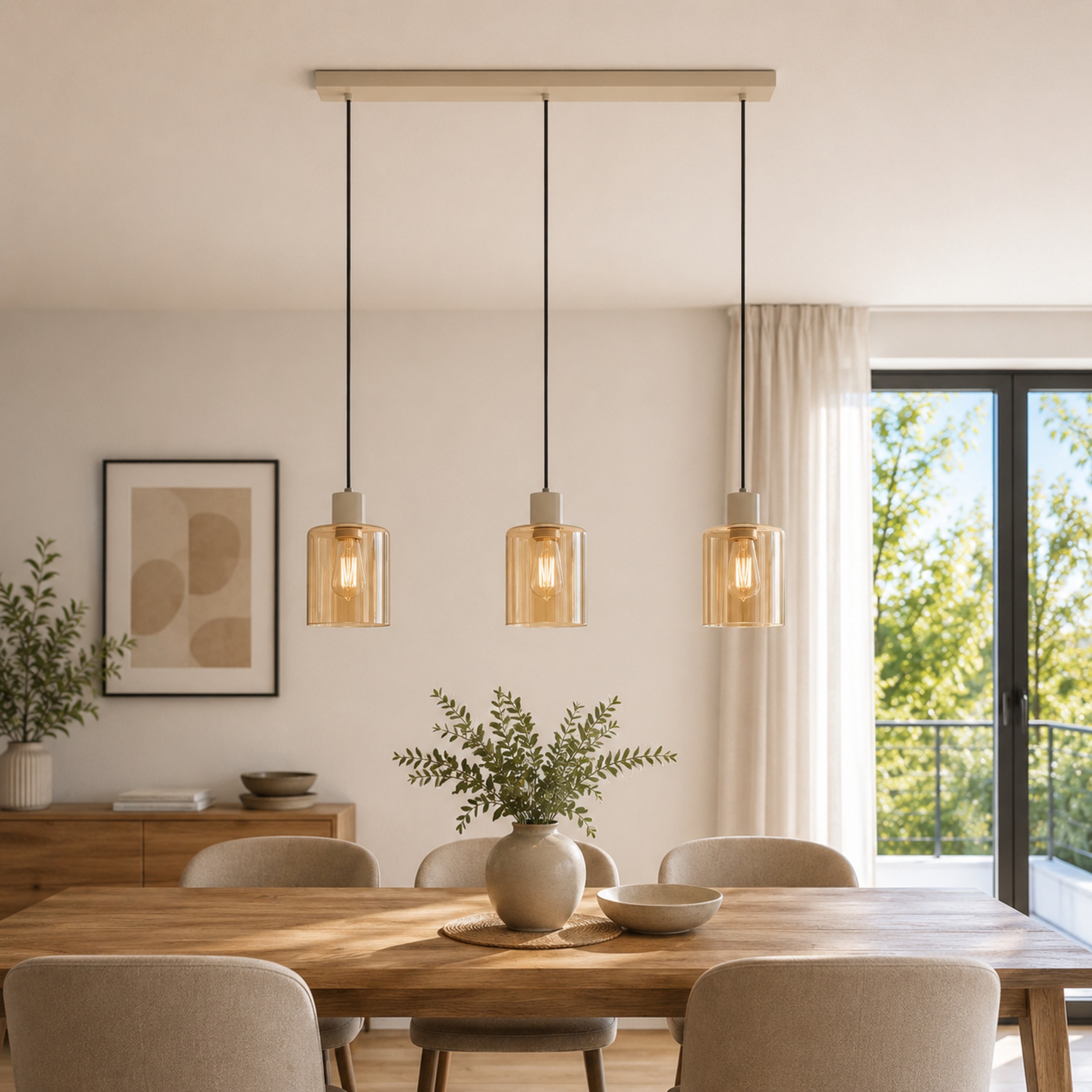 Brilliant Pendelleuchte »Lyska« E27 1 Stk. 72 x 12,5 x 120 cm, 3x E27 Fassung, Metall/Glas, beige/bernsteinfarben