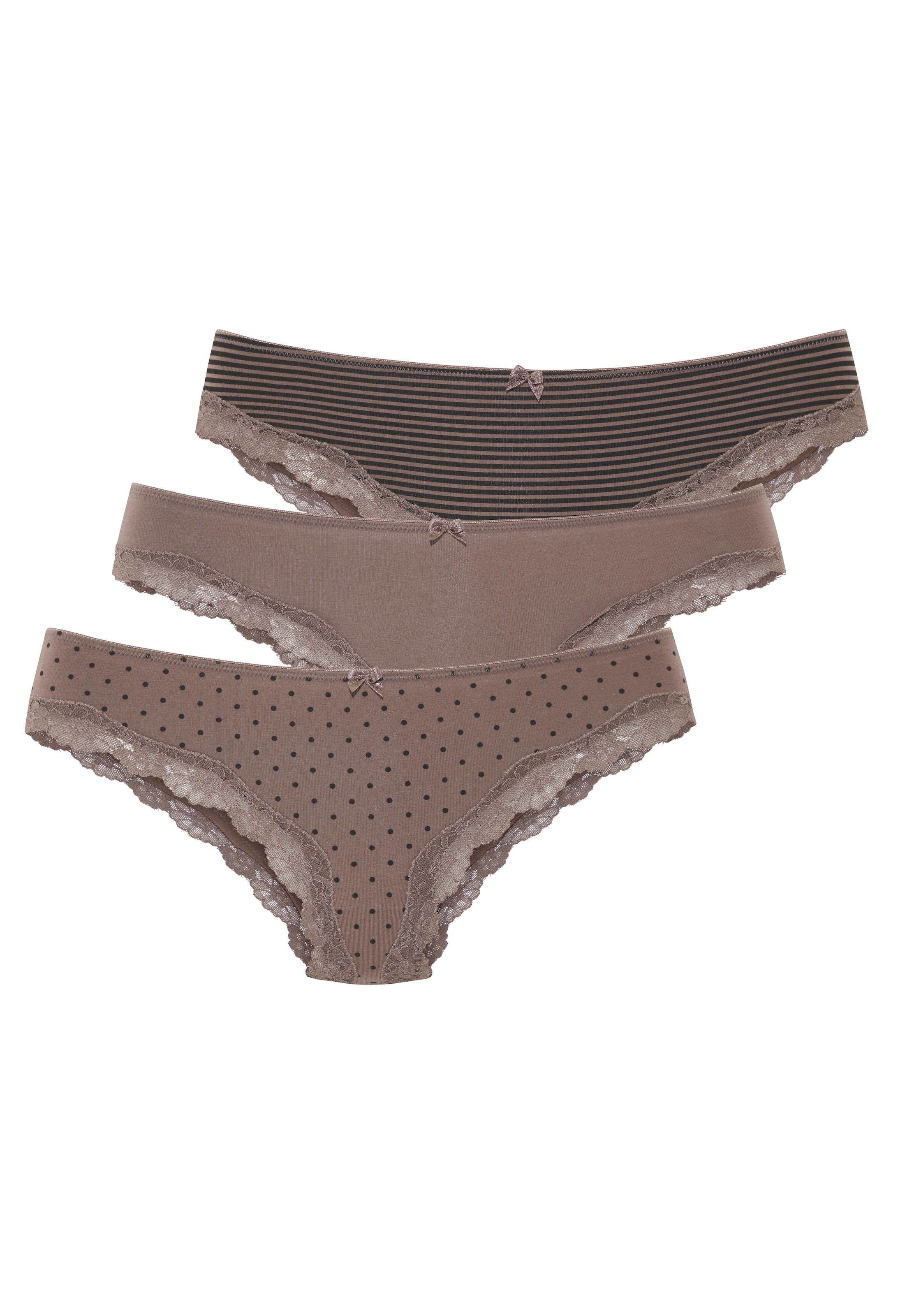 LASCANA Brasilslip 3er-Pack, aus elastischer Baumwolle mit zarter Spitze