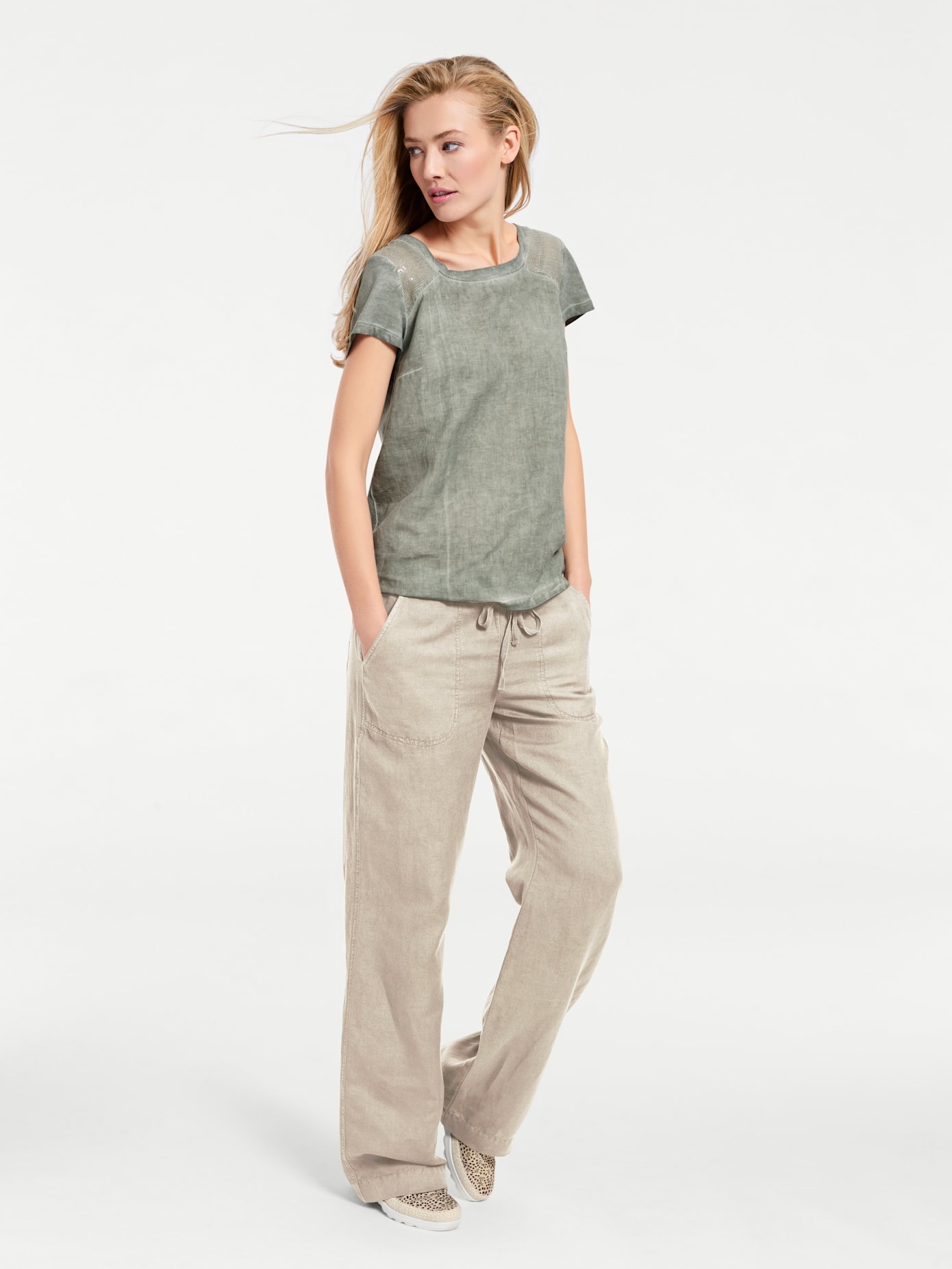 Schlupfhose HEINE, Damen, Gr. 34, Normalgrößen, beige (sand), 55% Baumwolle, 45% Leinen, unifarben, lang, Hosen Schlupfhose 3