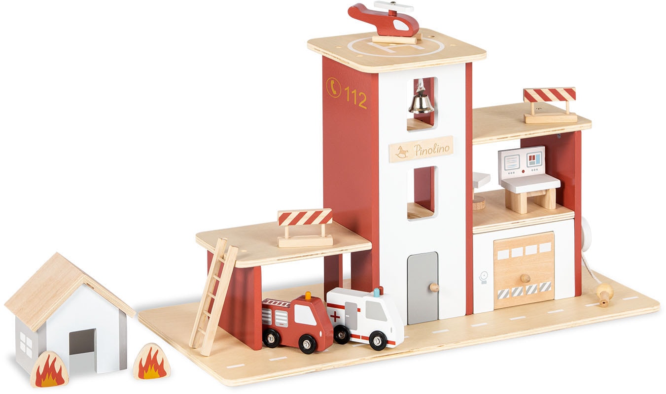 PINOLINO Kinder Spiel-Feuerwehrwache "Feuerwache Ben", rot, Holz, B:55cm H:32cm T:25cm, Fahrzeug-Spielwelten, FSC - schützt Wald