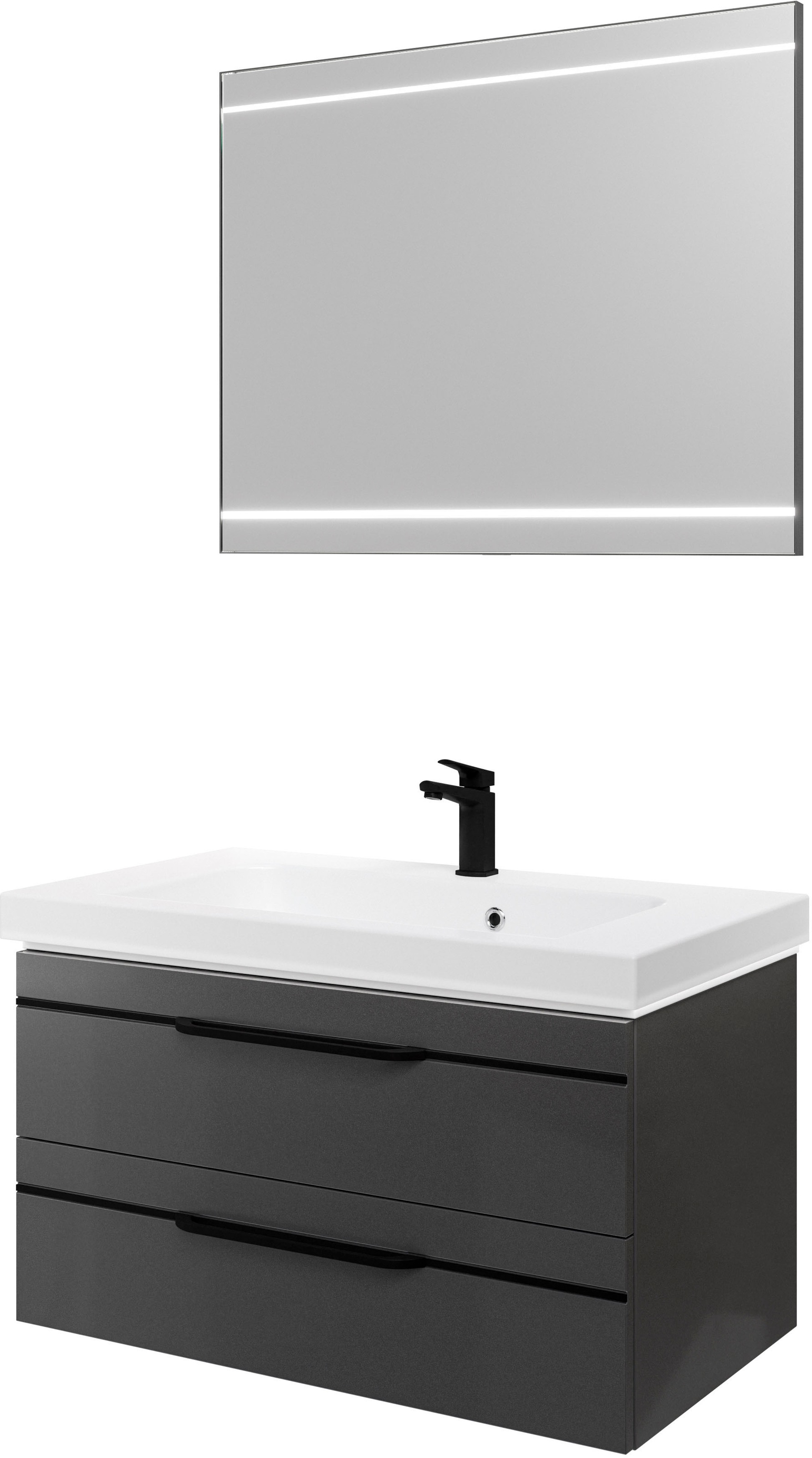 Saphir Badmöbel-Set »Balto 2-teilig Mineralmarmor-Waschtisch mit LED-Spiegel, Waschplatz«, (2 St.), 92 cm breit, mit 2 Schubladen, Badschrank inkl. Schubladendämpfer