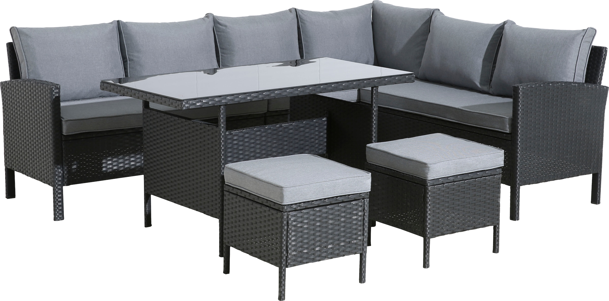 KONIFERA Gartenlounge-Set »»Manhattan««, (Set, 18 tlg., Ecklounge, Tisch 66x120x74 cm, 2 Hocker, inkl. Auflagen), Stahl/Polyrattan