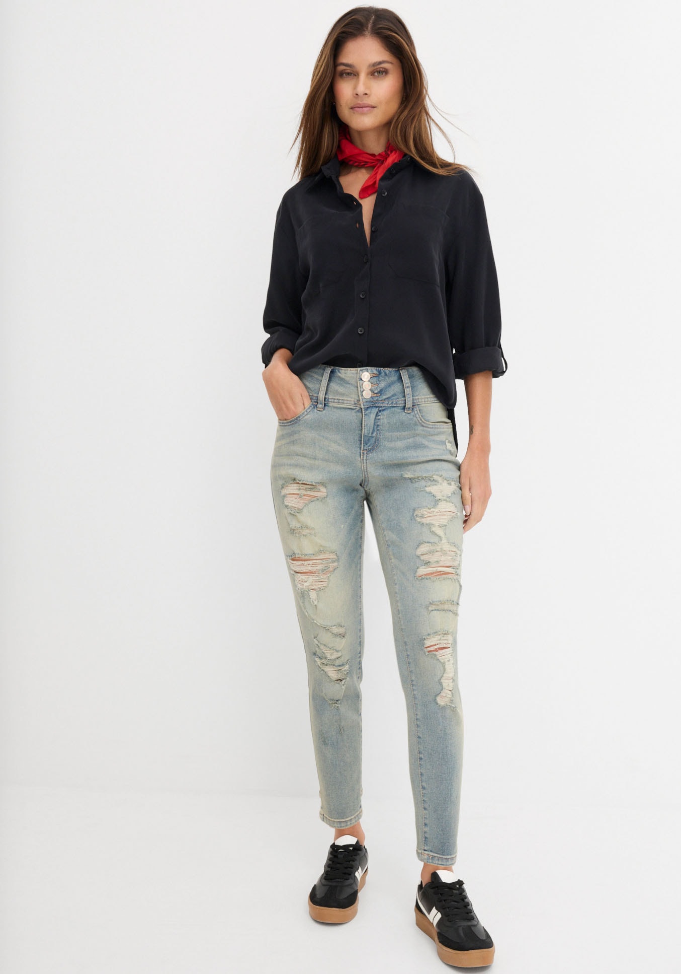 bonprix Skinny-fit-Jeans »Skinny Jeans High Waist, Stretch« Skinny-fit, mit breitem High Waist Bund, coole Destroyed Effekte