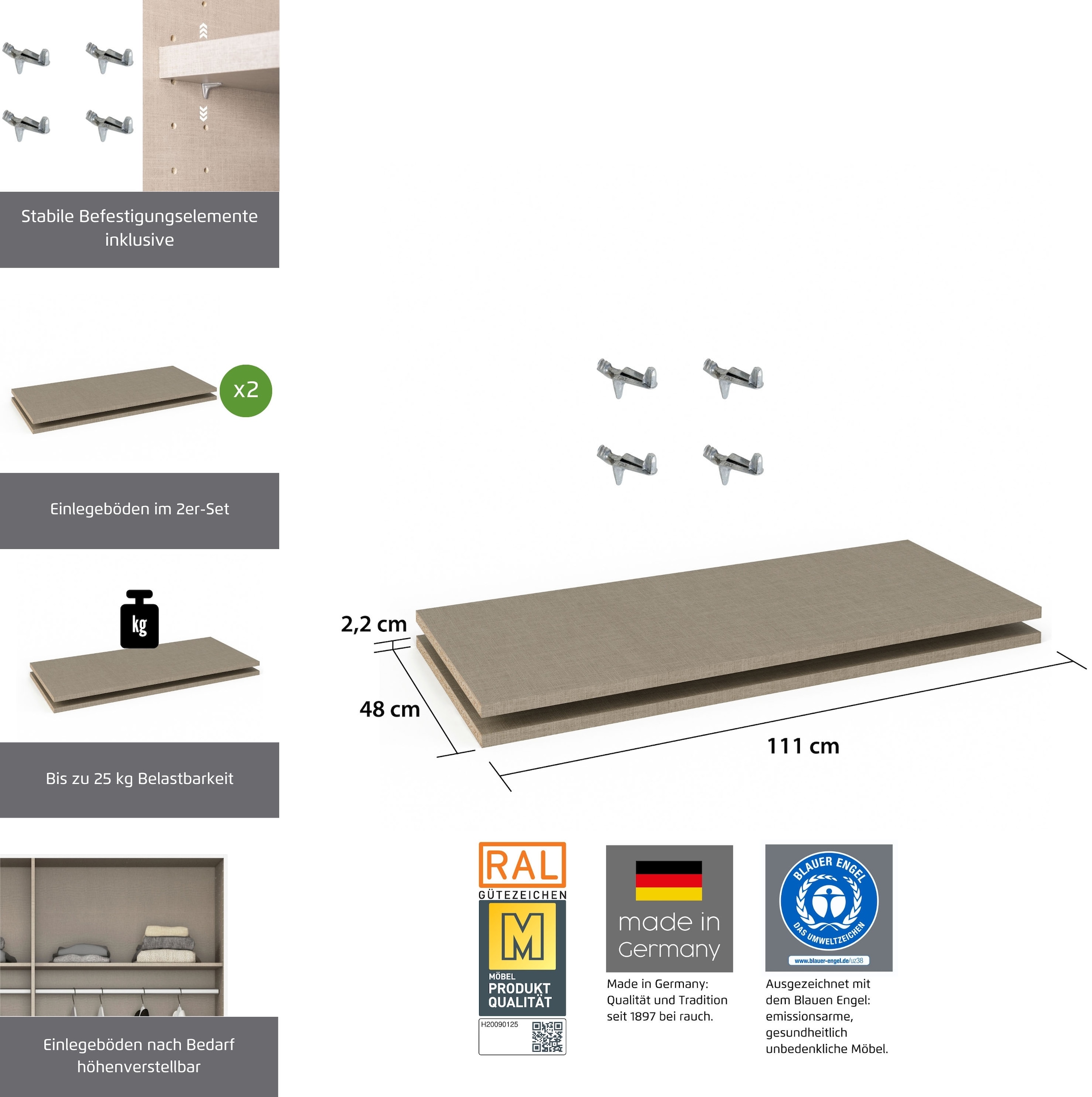 rauch Einlegeboden »Zubehör für Rauch-Schwebetürenschränke ORANGE/BLUE« 2er-Set Breite 111 cm, Tiefe 48 cm