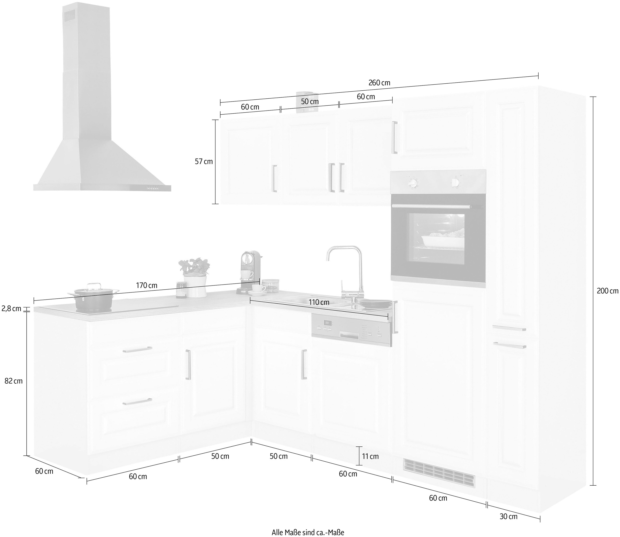 HELD MÖBEL Winkelküche »Stockholm«, Stellbreite 260/170 cm, mit E-Geräten, MDF Frontenl